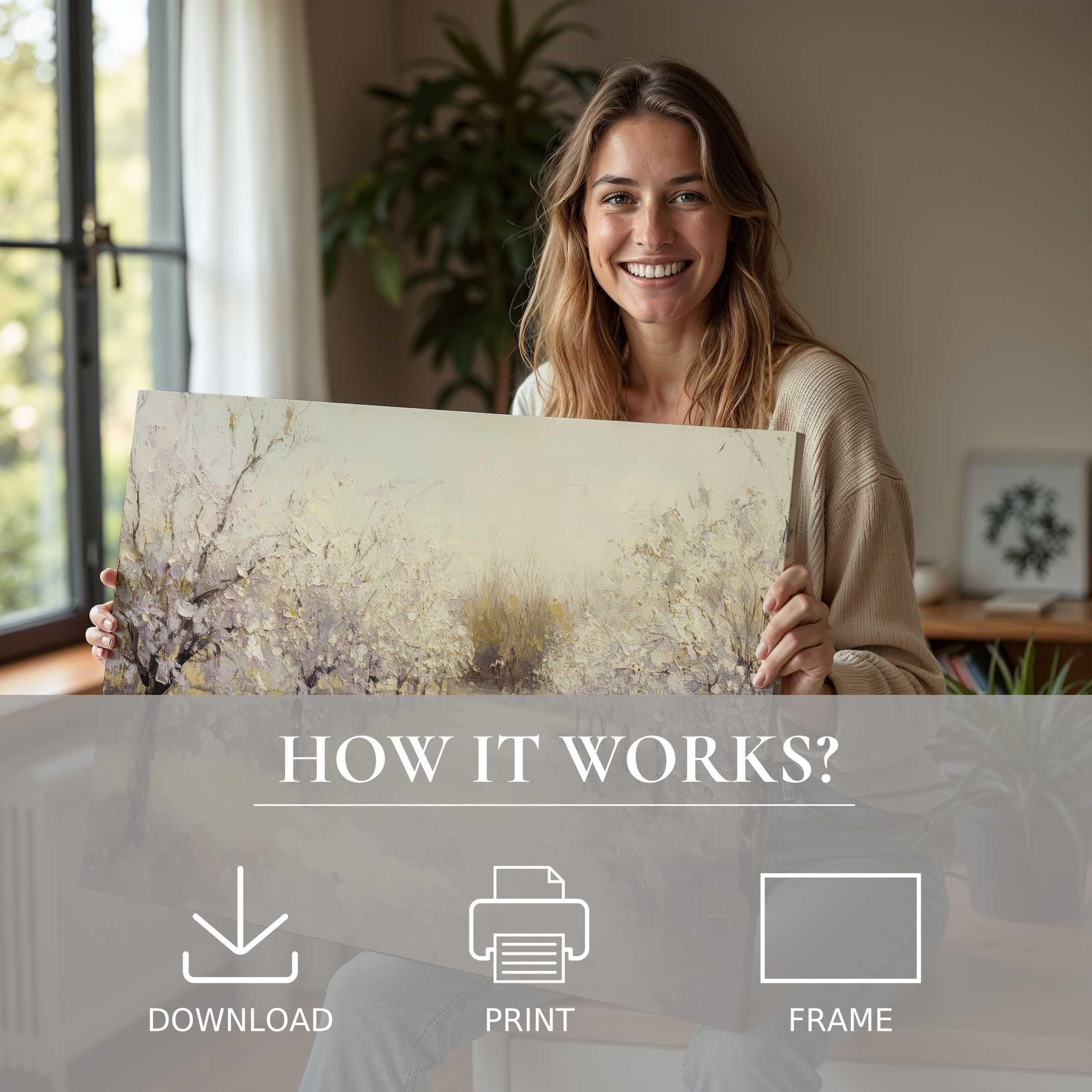 Elegant vintage digital art print bringing warmth and joy to a serene modern home, effortlessly enriching daily life