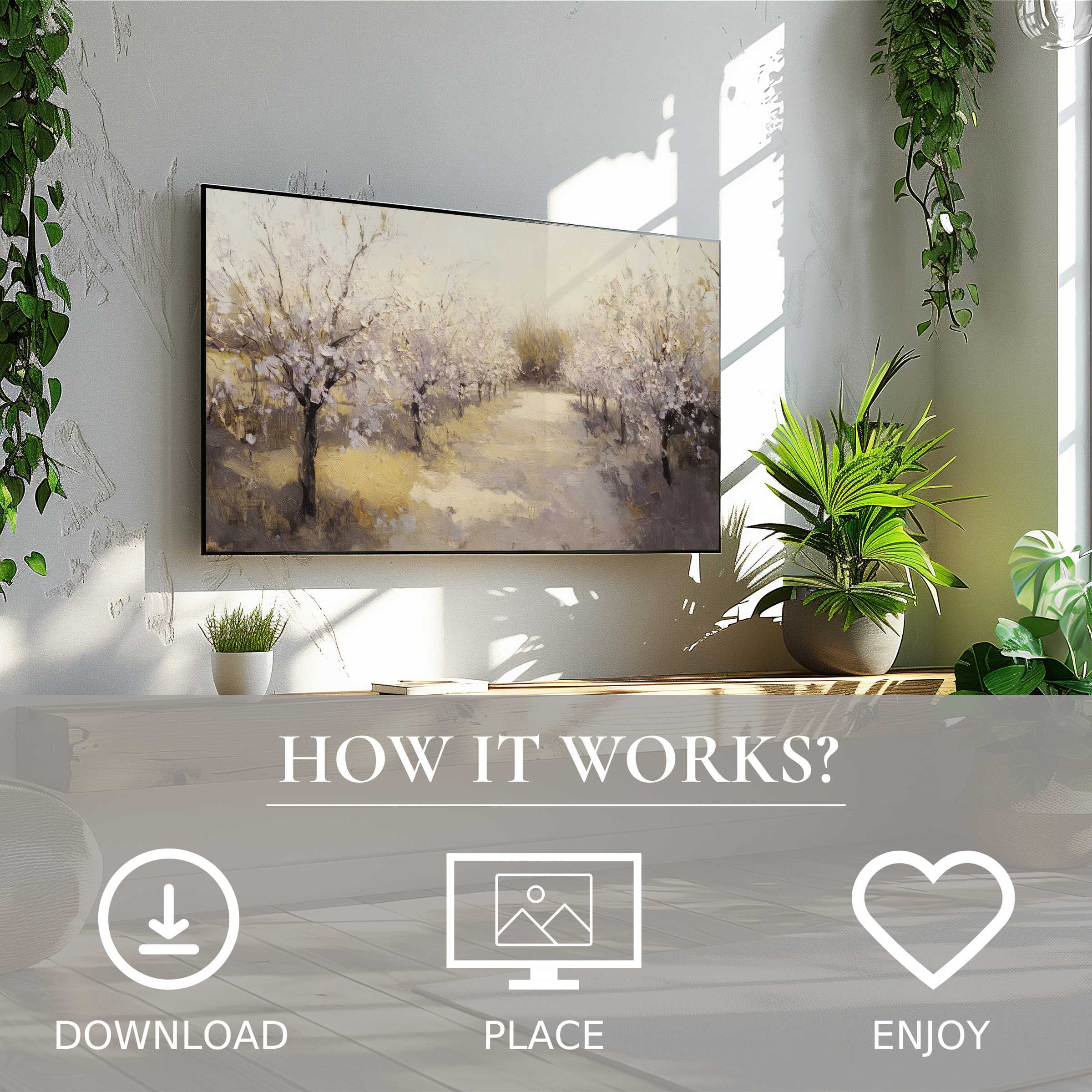 Vintage art for Samsung TV showing soft tones of blooming trees; easy digital download enriches any modern space