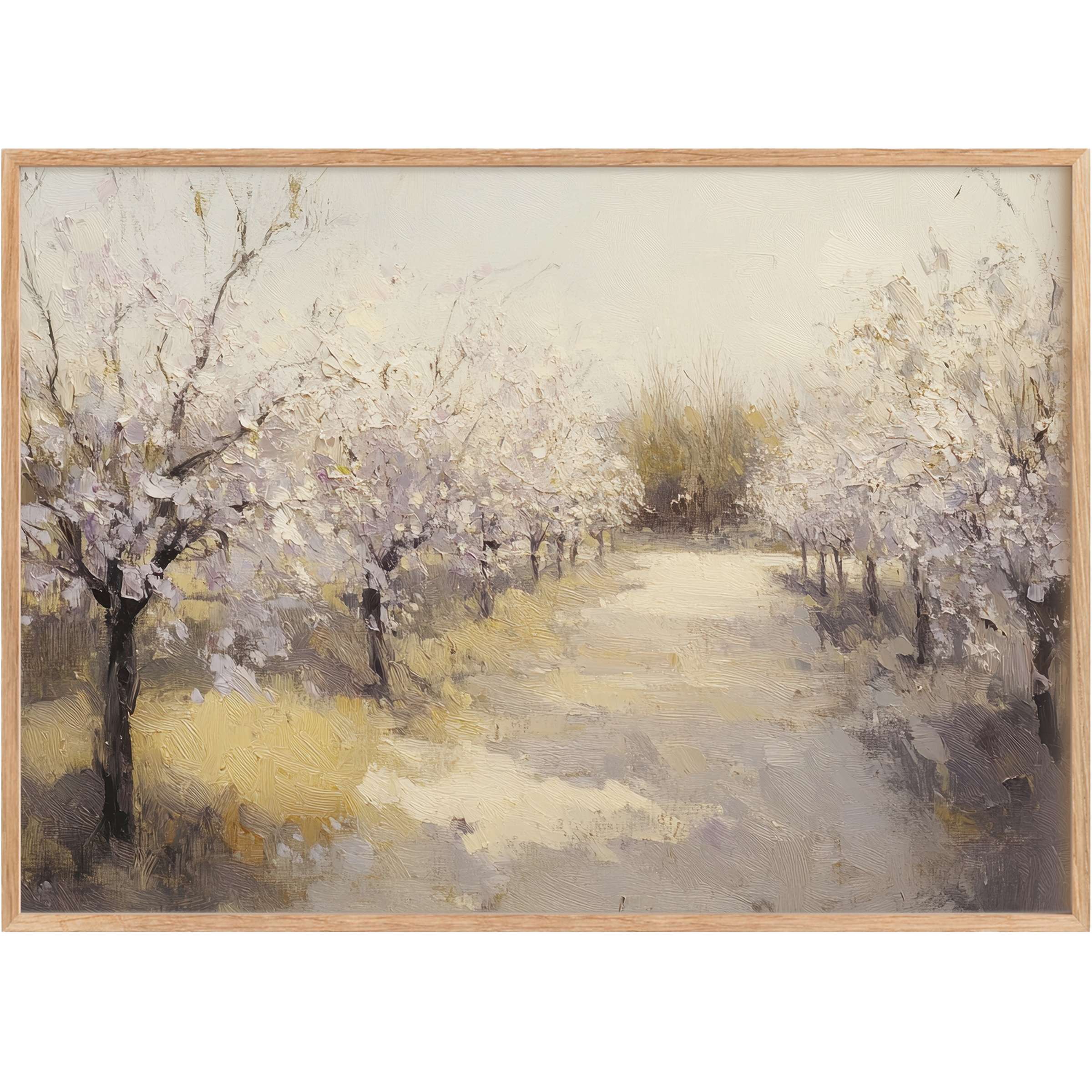 Elegant vintage printable wall art capturing a serene orchard in soft lavender and golden hues, evoking calm sophistication