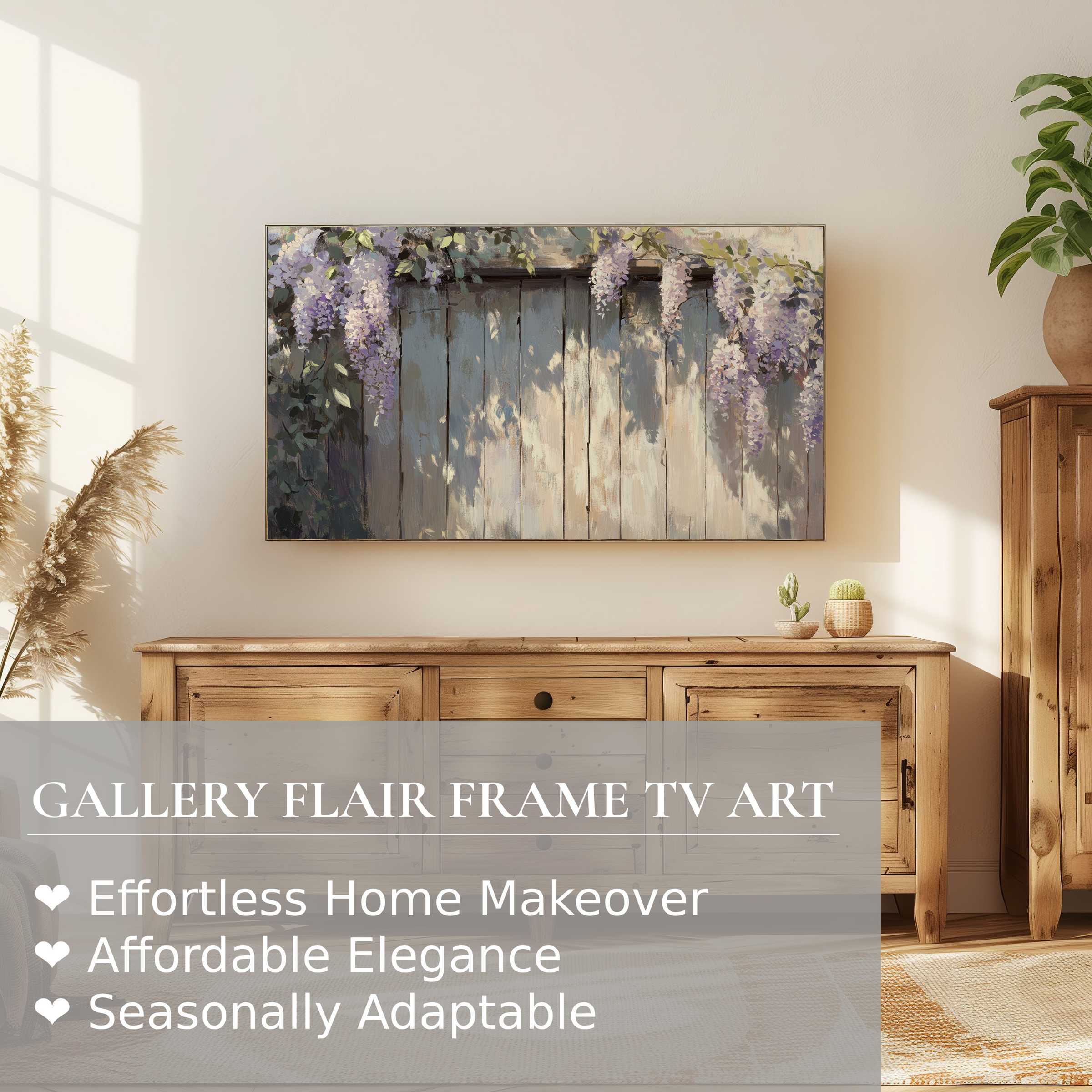 Samsung Frame TV displays serene spring digital artwork with soft florals in a warm, elegant living space