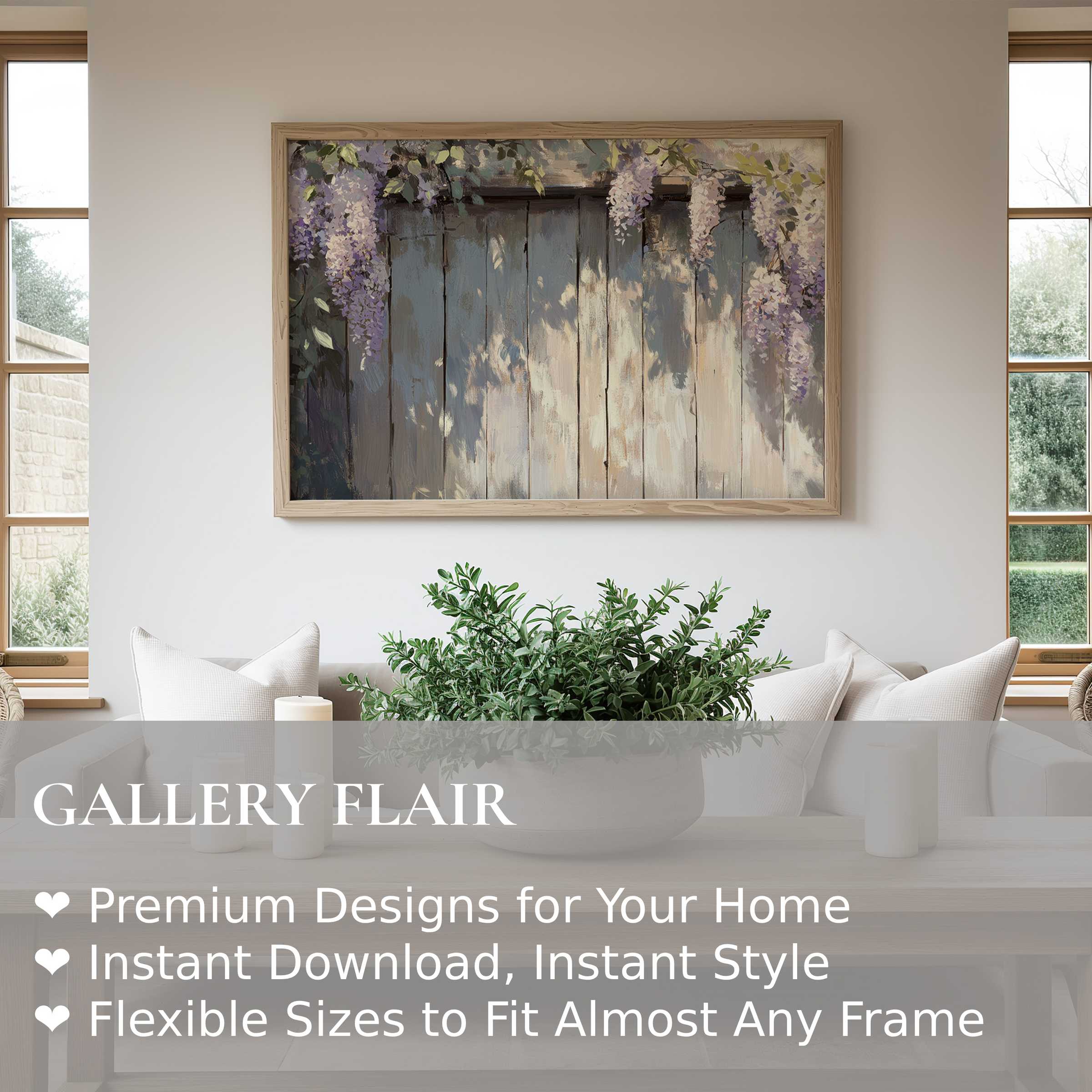 Elegant spring wall art print featuring cascading wisteria over rustic wood, enhancing serene modern farmhouse interiors