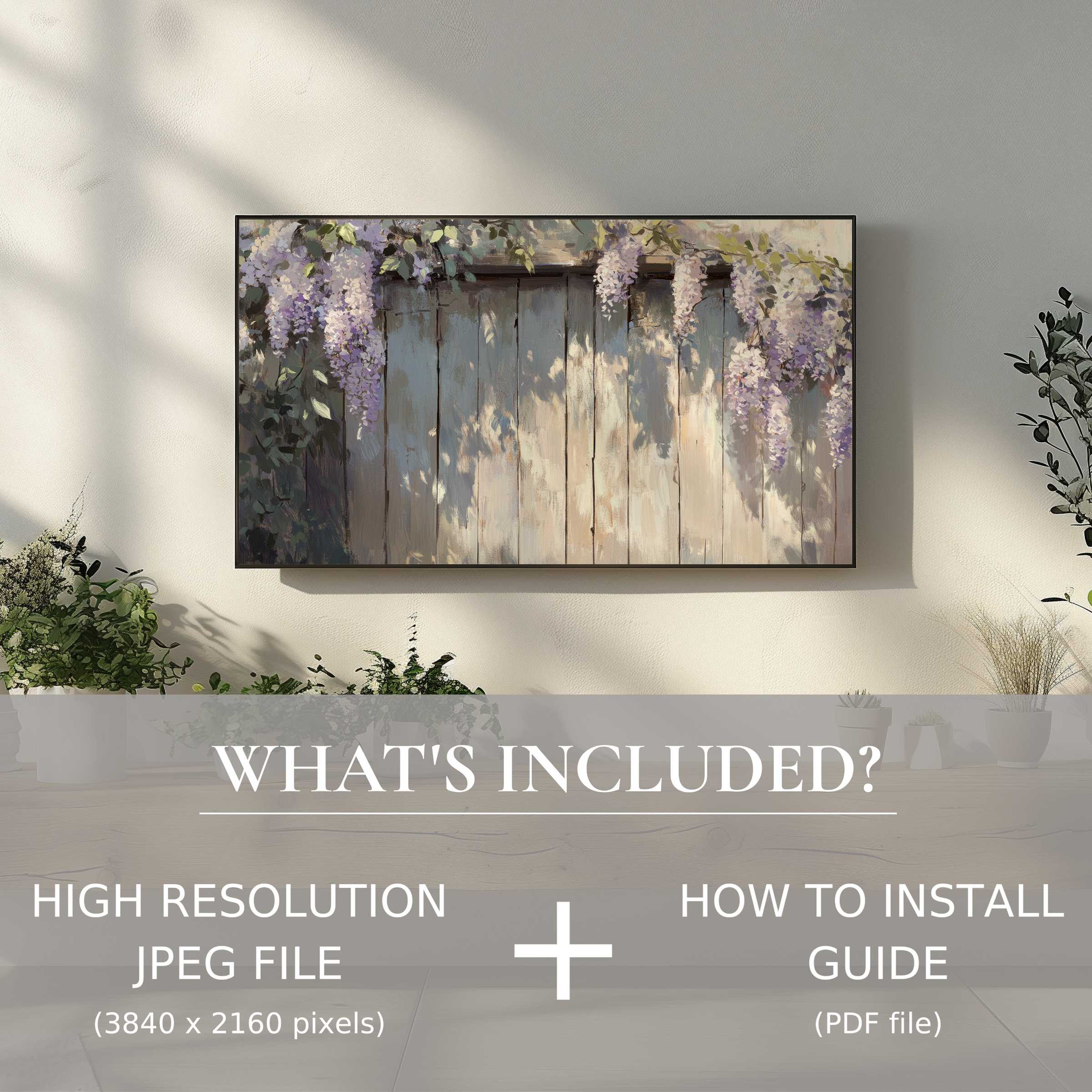 Elegant living room with spring digital TV art download; easy digital use enhances space with serene floral design