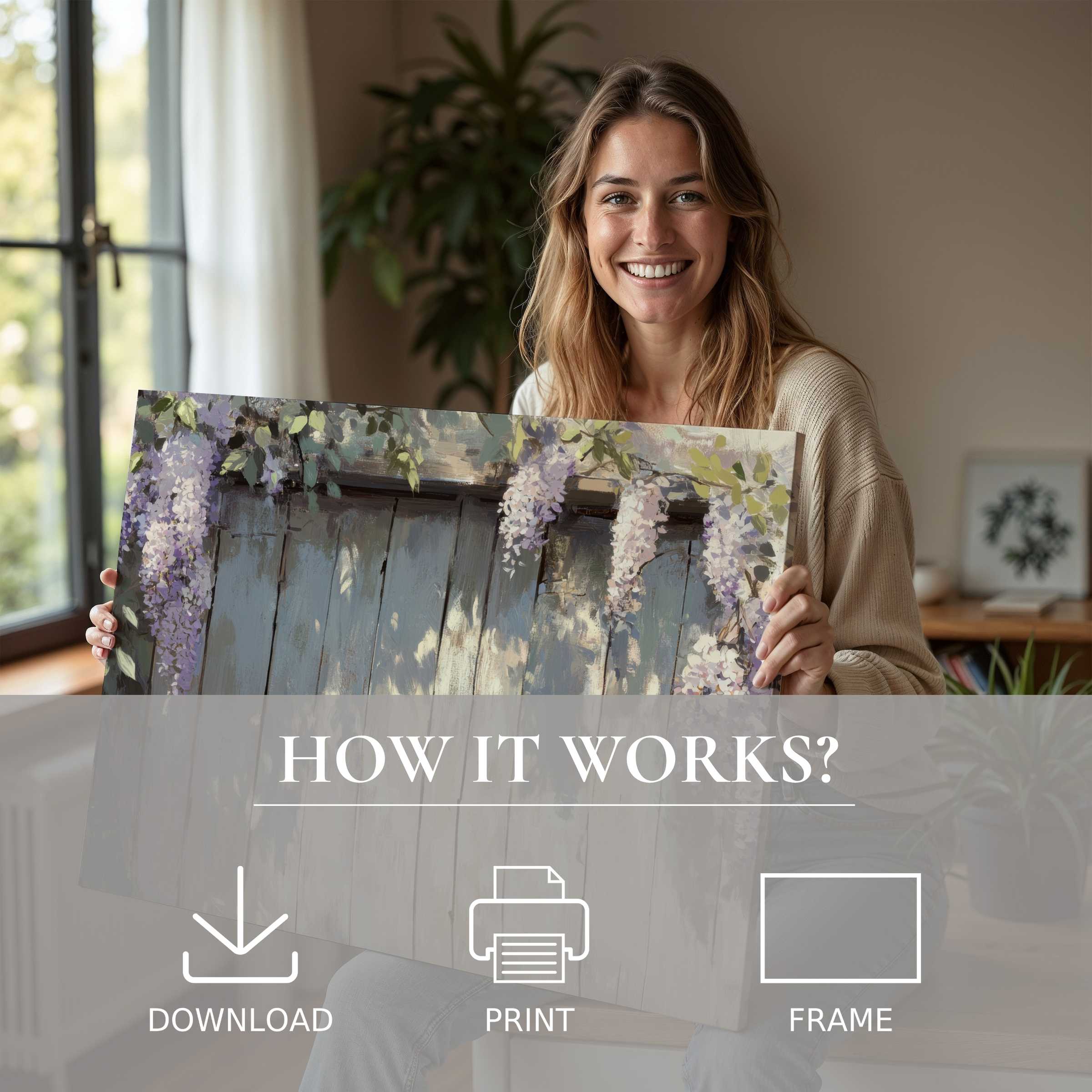 A joyful moment unveiling spring digital art print with soft lilac tones, bringing effortless elegance to stylish modern living
