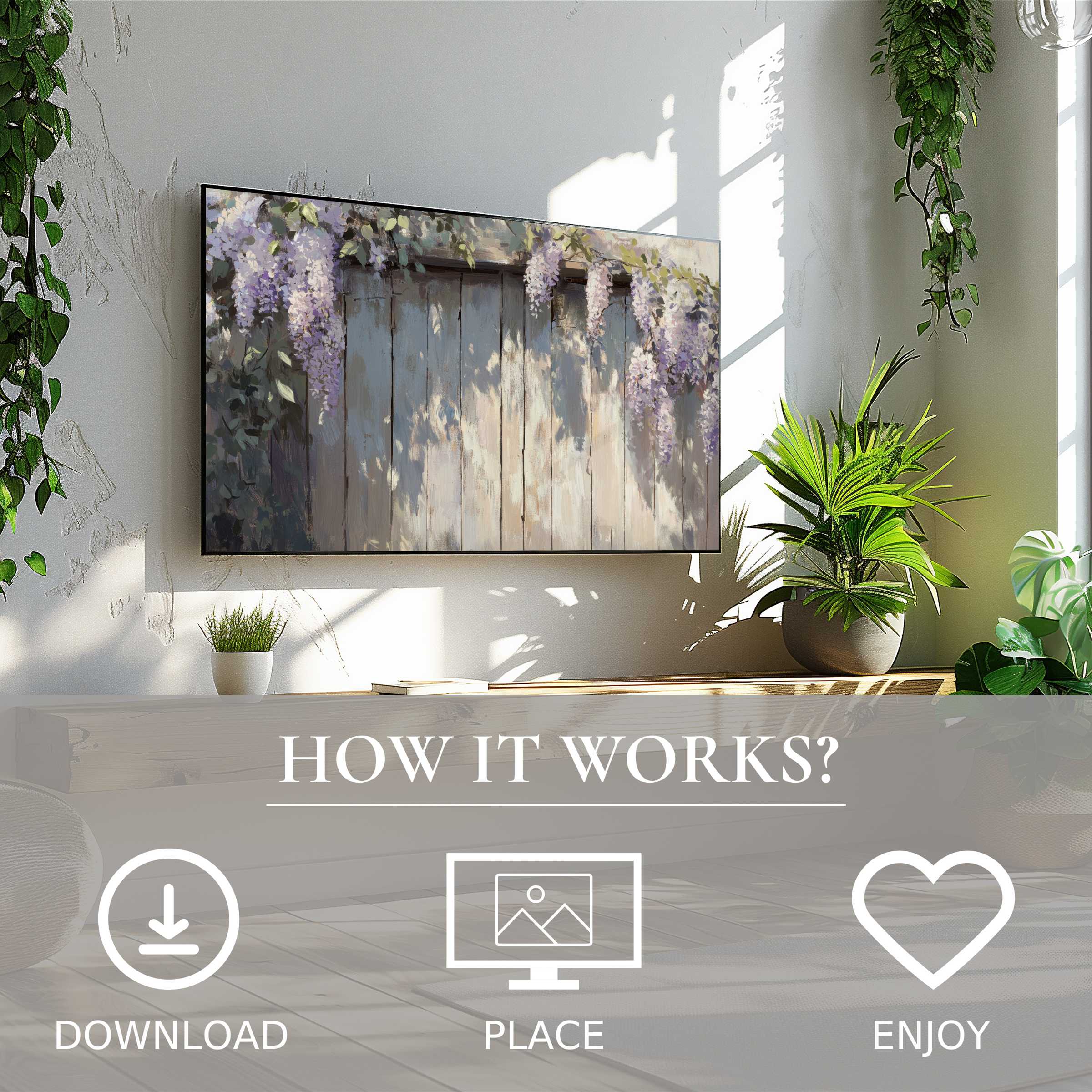 Spring art for Samsung TV with soft floral wisteria motif, easy digital download enriches your modern living space