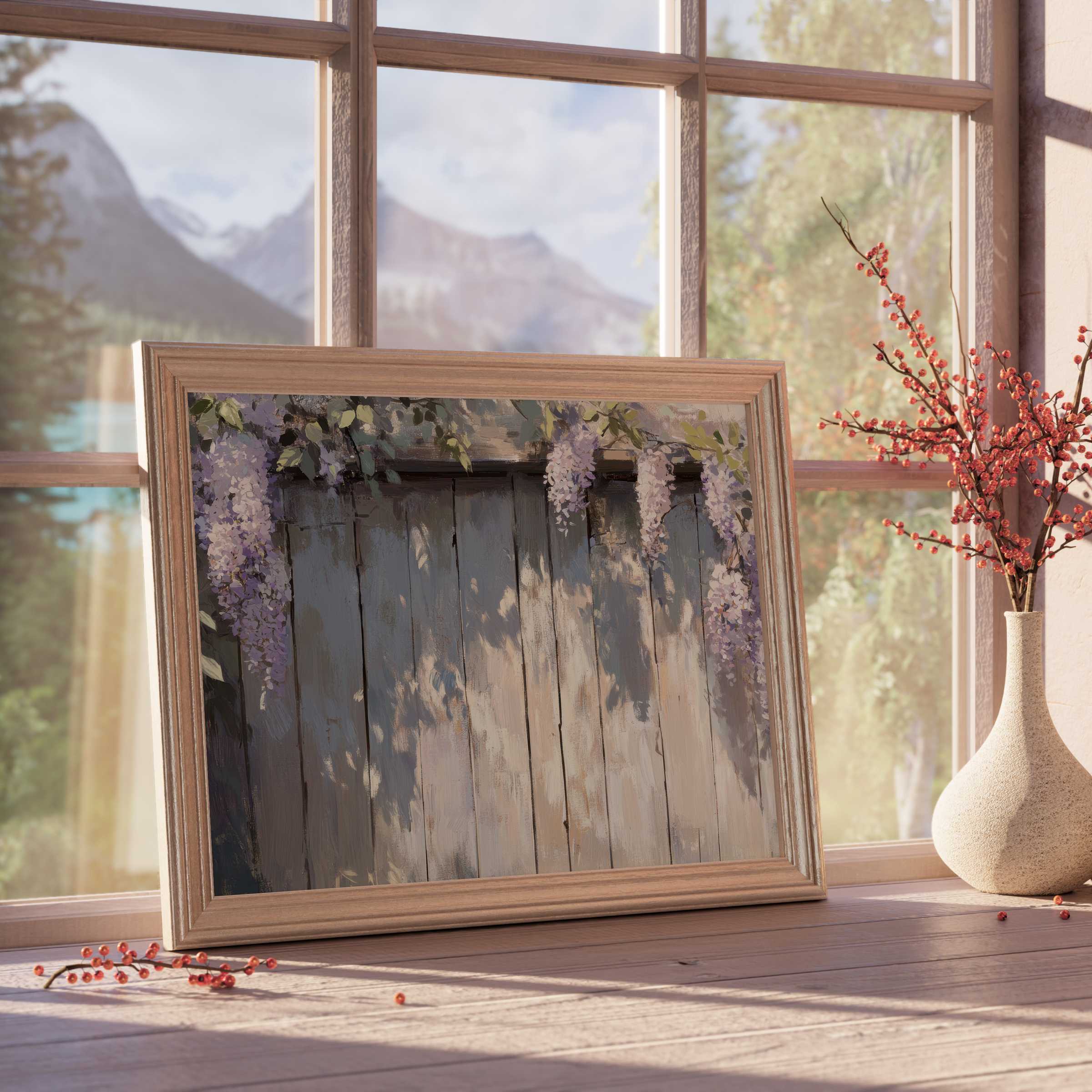 Elegant spring downloadable art featuring soft lilac wisteria casting serene shadows on rustic wooden panels, perfect for tranquil, curated interiors