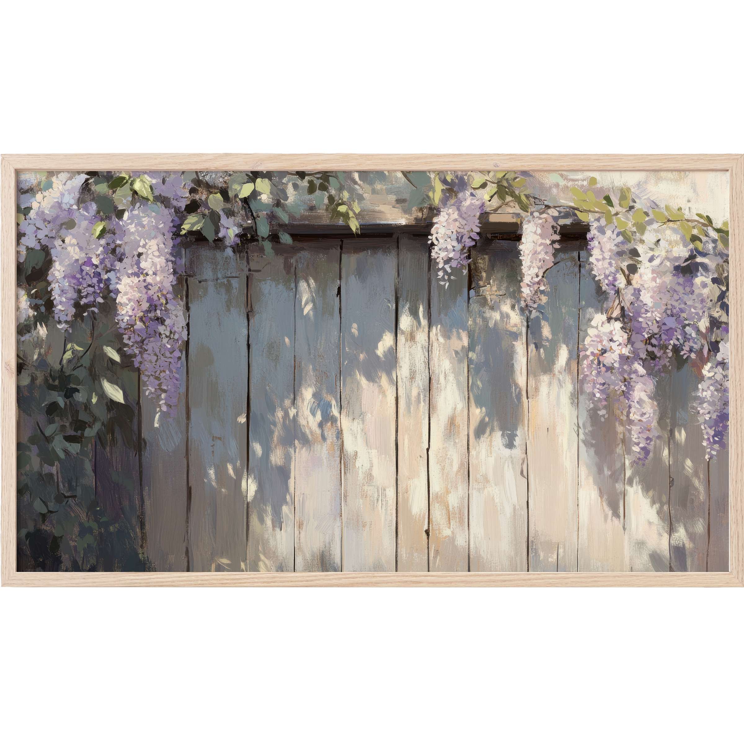 Spring Frame TV Art featuring soft lavender wisteria cascading over a weathered, sunlit wooden fence