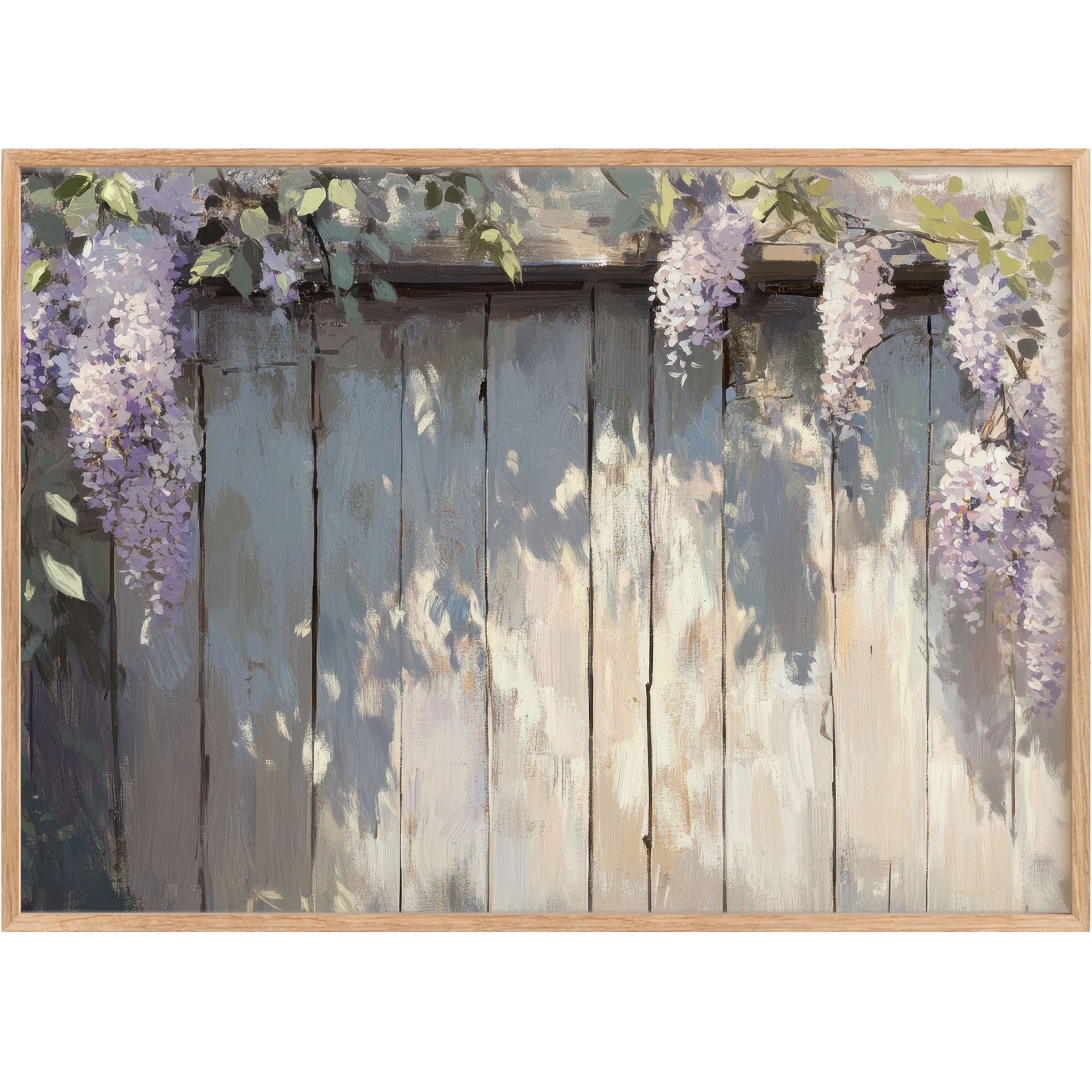 Soft lavender blooms cascade over weathered blue wooden panels, creating a calming, sun-dappled spring printable wall art