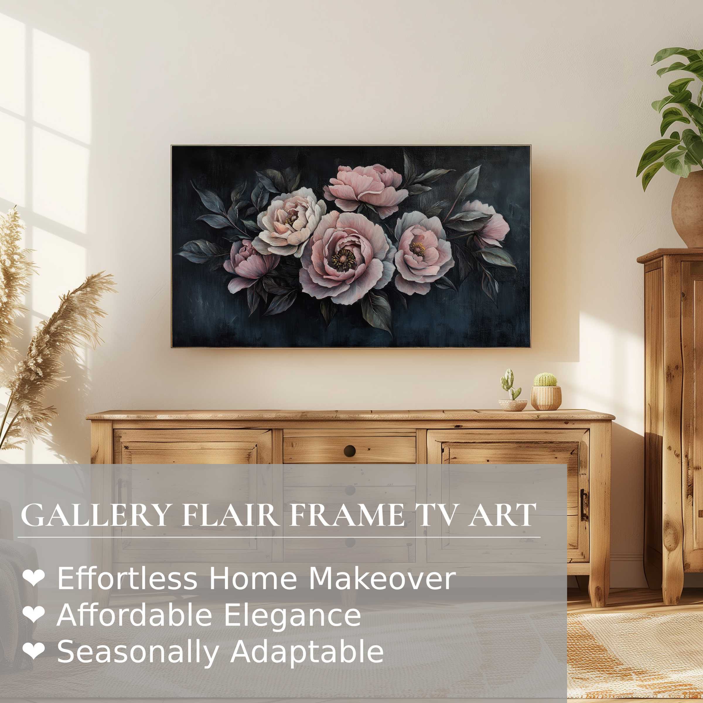 Elegant floral digital artwork on Samsung Frame TV in a warm, modern living room with natural wood accents