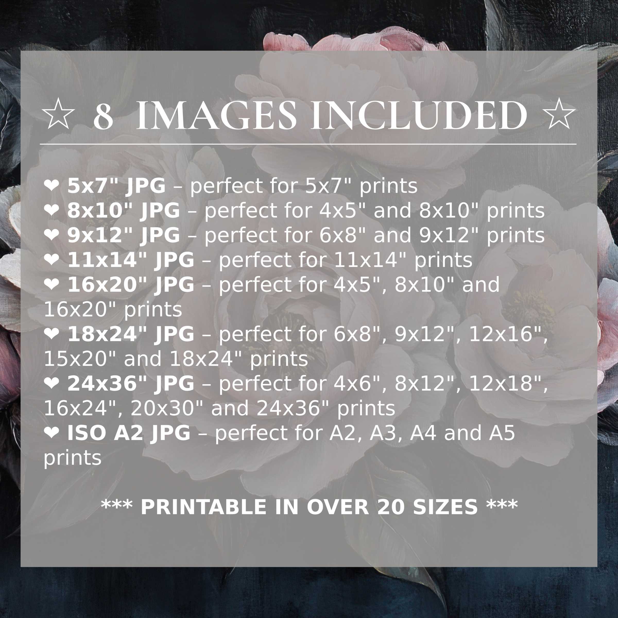 Radiant floral digital print in soft pinks and deep charcoal, elevating modern interiors with eight high-quality sizes included for effortless elegance