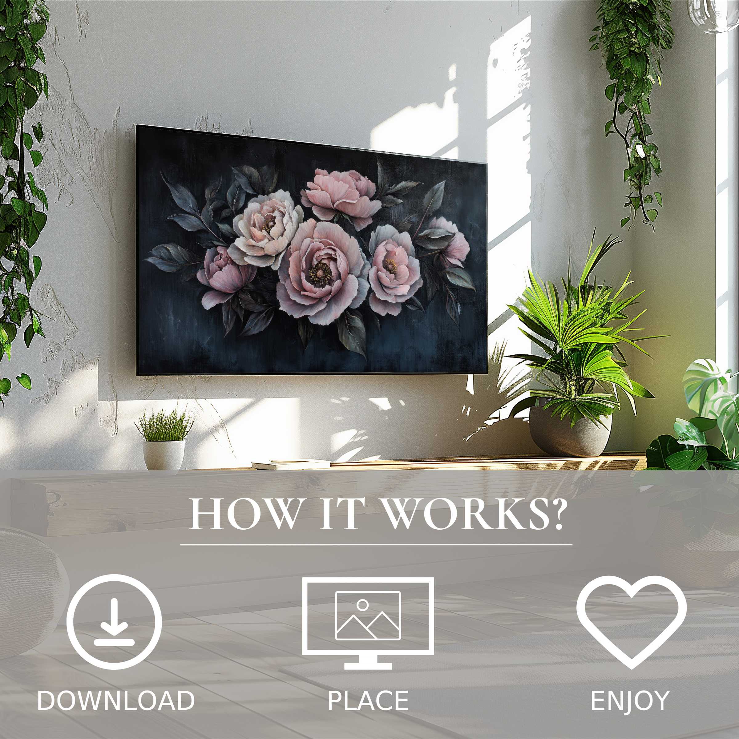 Floral art for Samsung TV with soft pink blooms on dark background, easy digital download enriches modern living spaces
