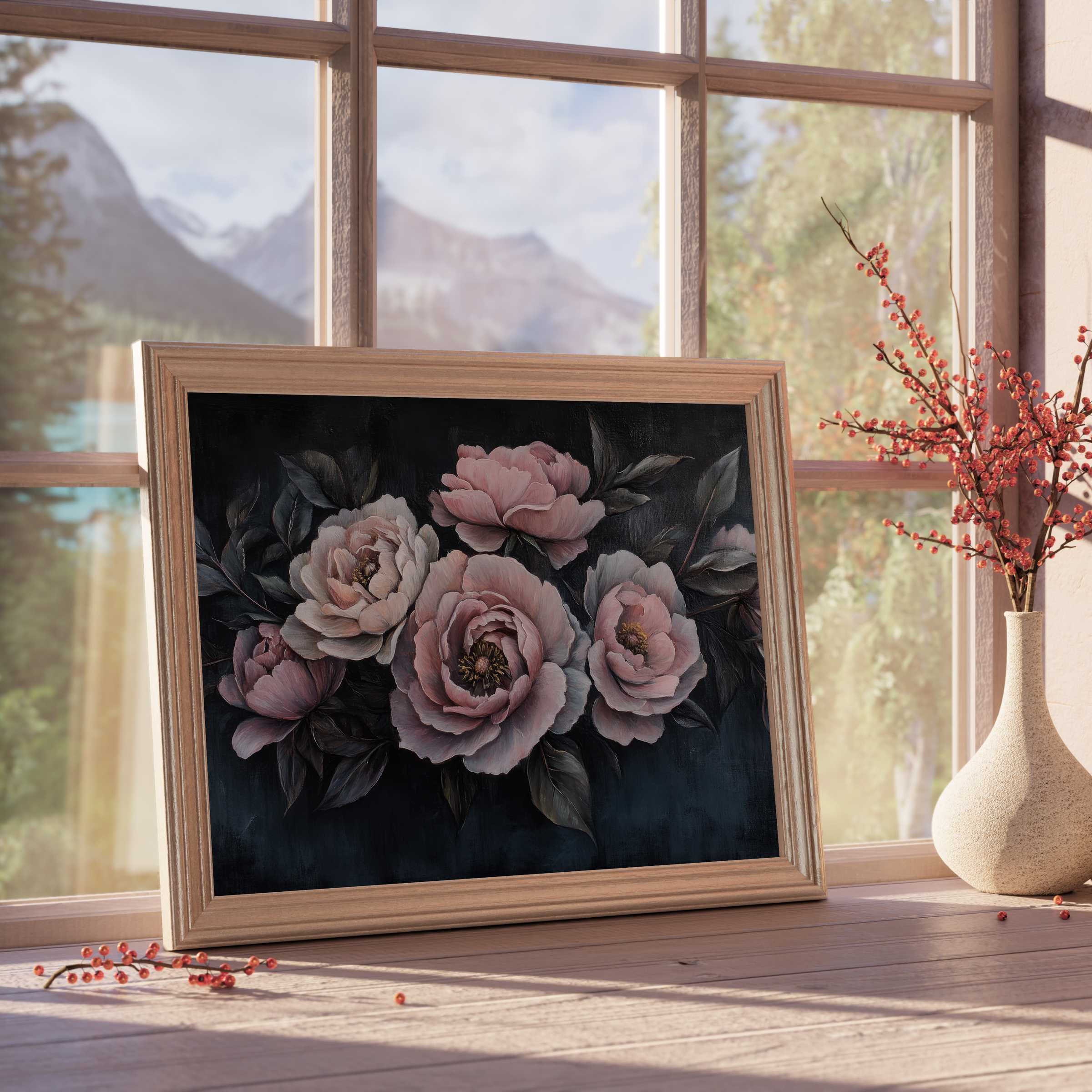 Floral downloadable art of soft blush peonies in a natural wood frame, radiating calm elegance in serene, curated interiors