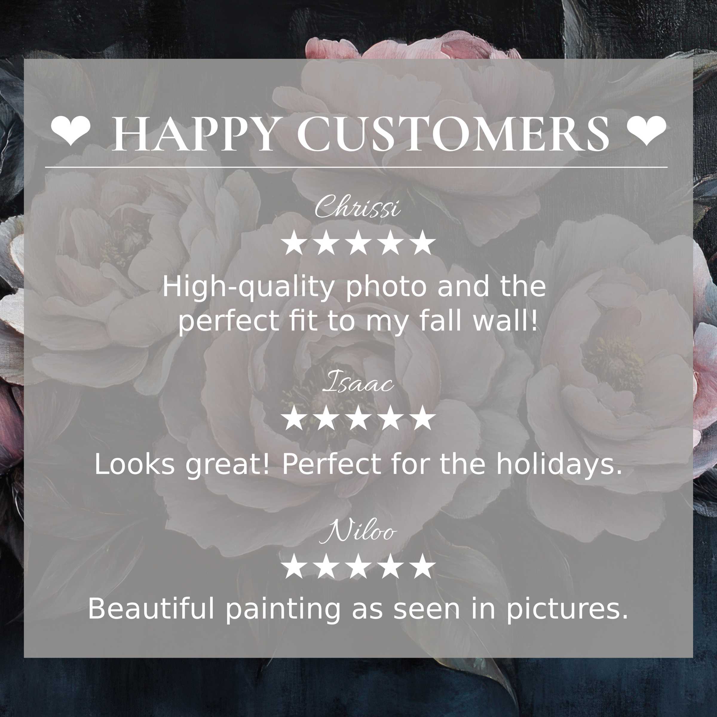 Floral art for Frame TV with elegant floral background, showcasing happy customer reviews and refined trust-building design