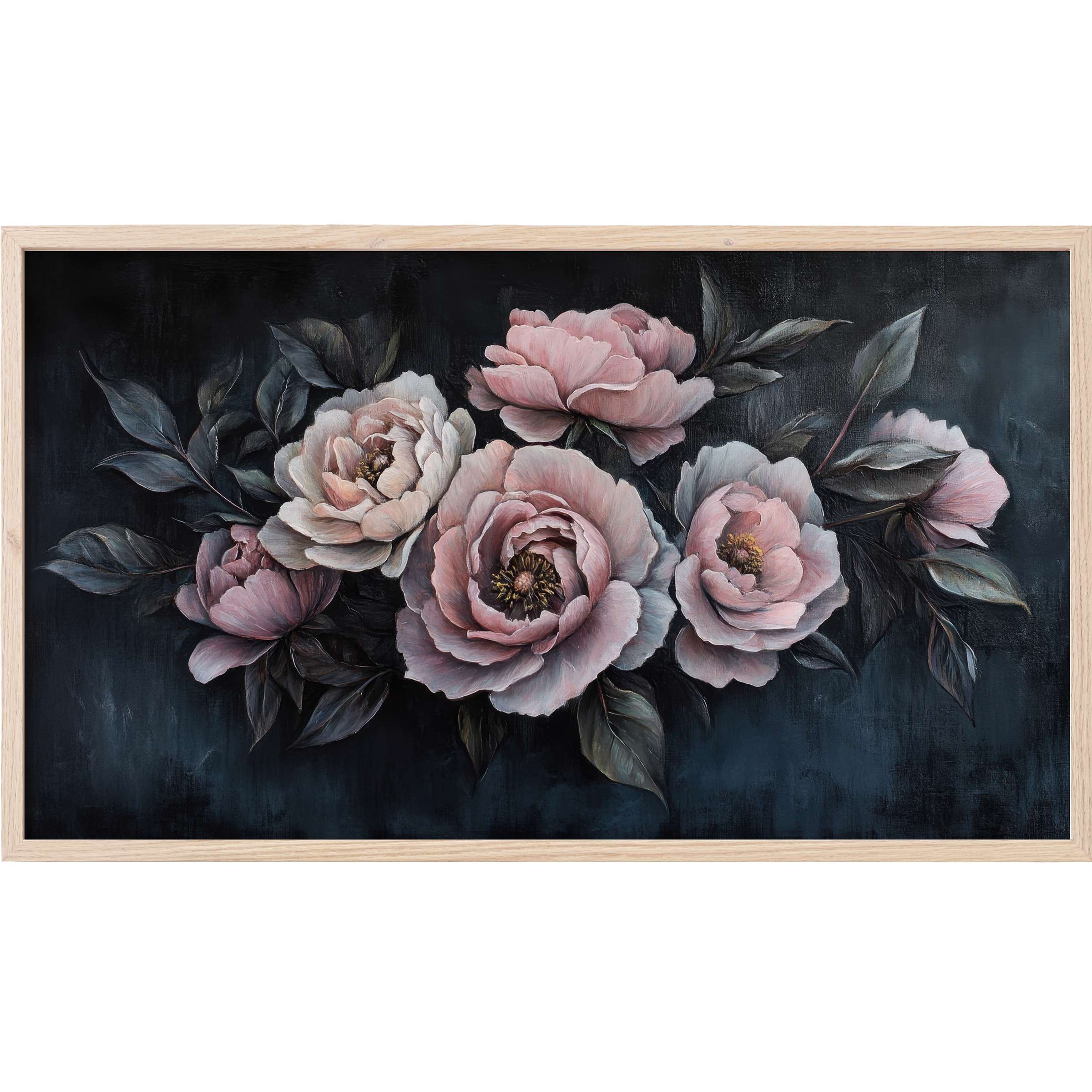 Floral Frame TV Art with soft pink blooms and dark leaves on deep moody background, elegant modern decor