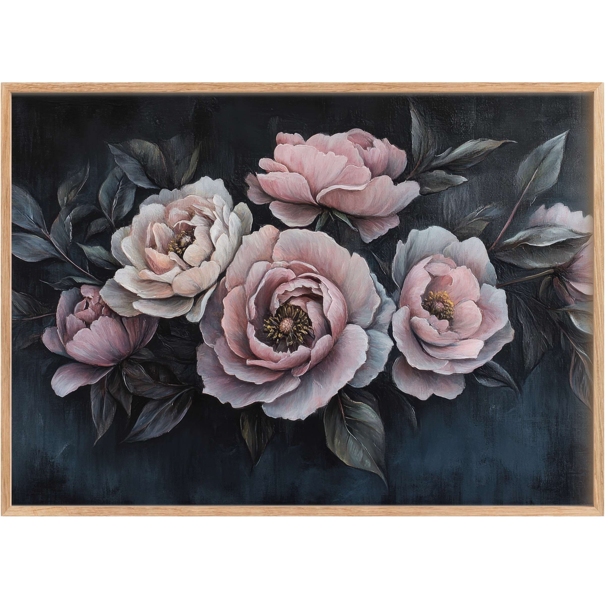 Elegant floral printable wall art featuring soft pink peonies against deep navy and charcoal, creating a serene, sophisticated ambiance