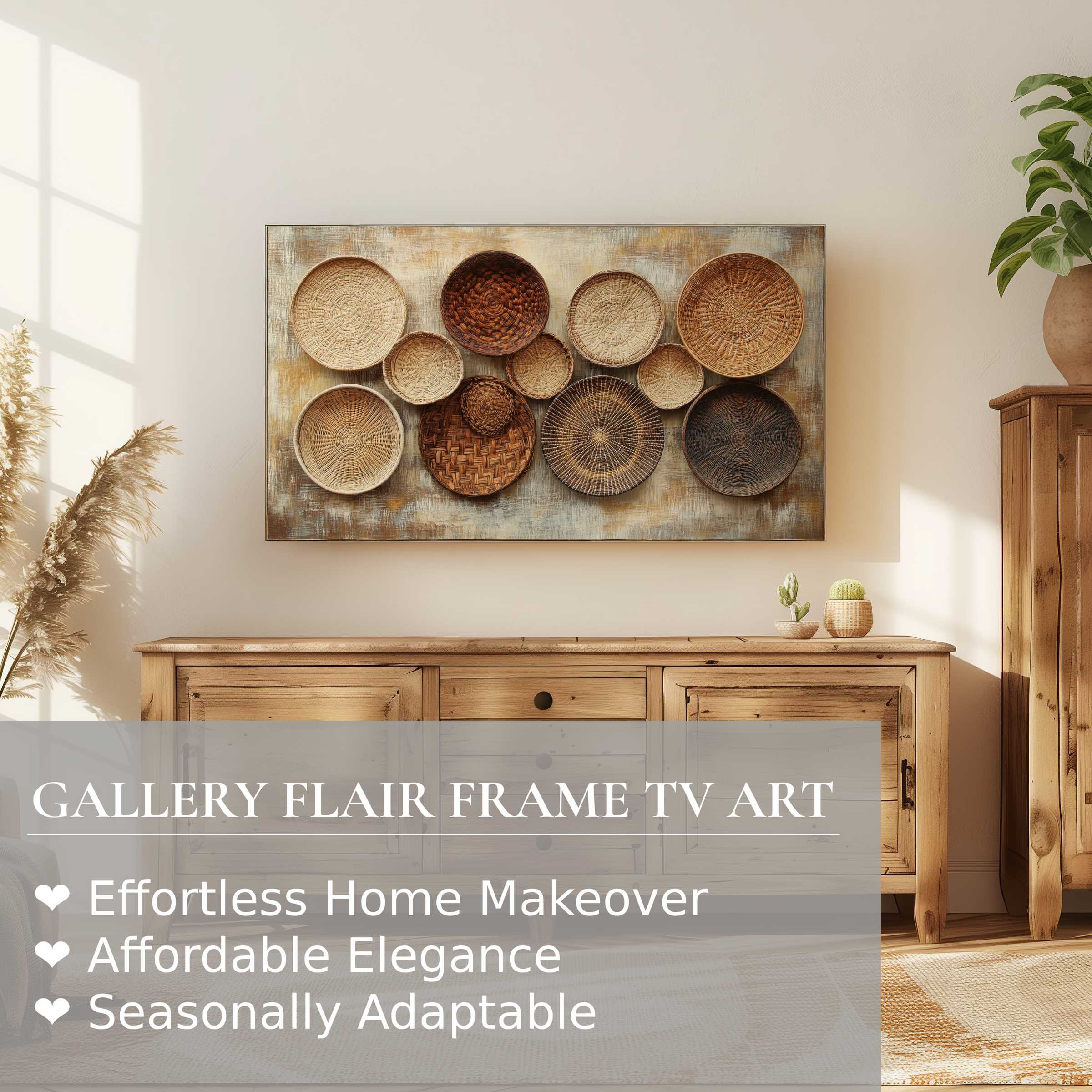 Samsung Frame TV showcasing boho digital artwork of woven baskets in a warm, modern natural wood setting