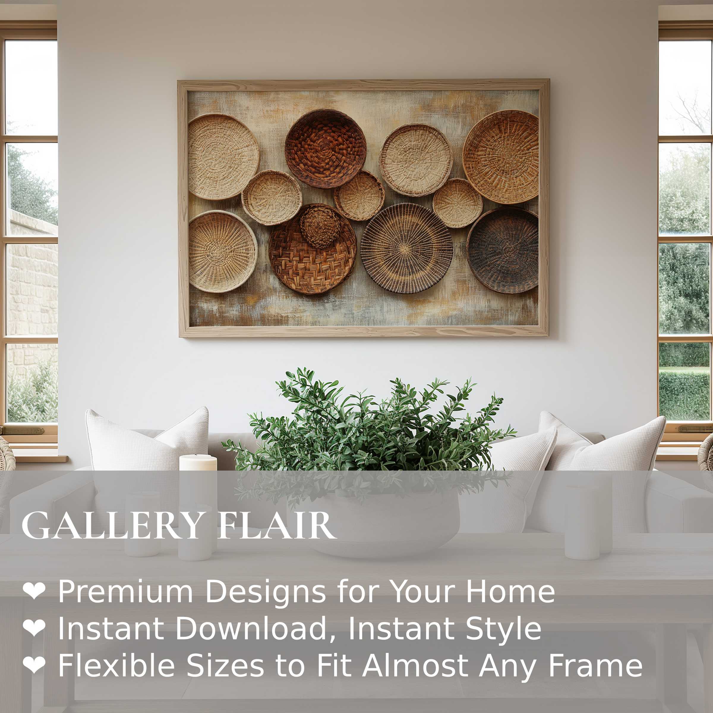 Boho wall art print featuring textured woven baskets in earthy tones, enhancing modern rustic and minimalist interiors with warm, organic charm