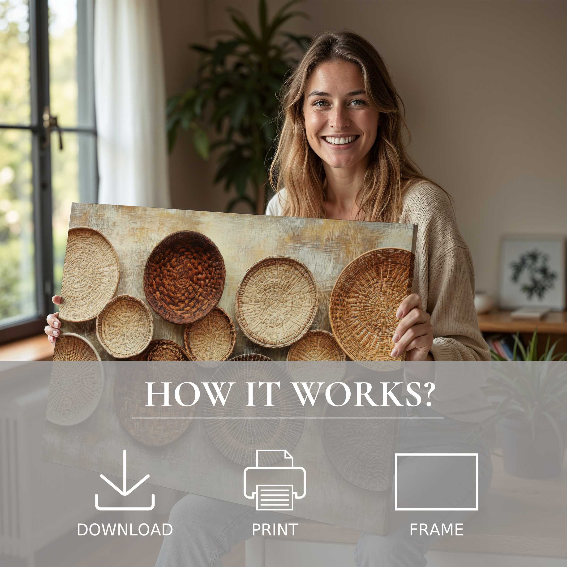 Bright, boho digital art print radiates warmth and connection in a chic, modern home, inspiring effortless living with art