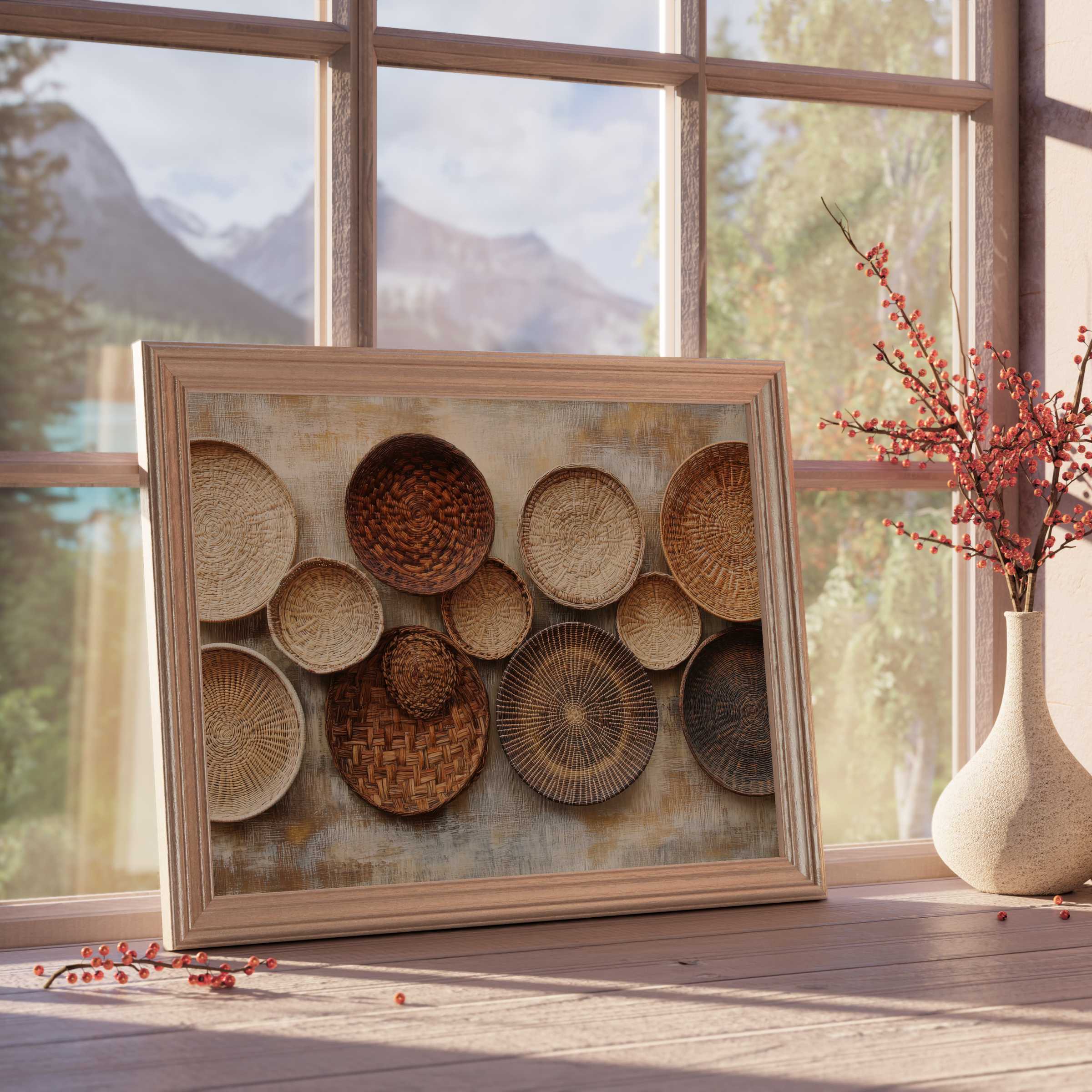 Boho downloadable art featuring textured woven baskets in warm earth tones, elevating tranquil, curated interiors with rustic elegance