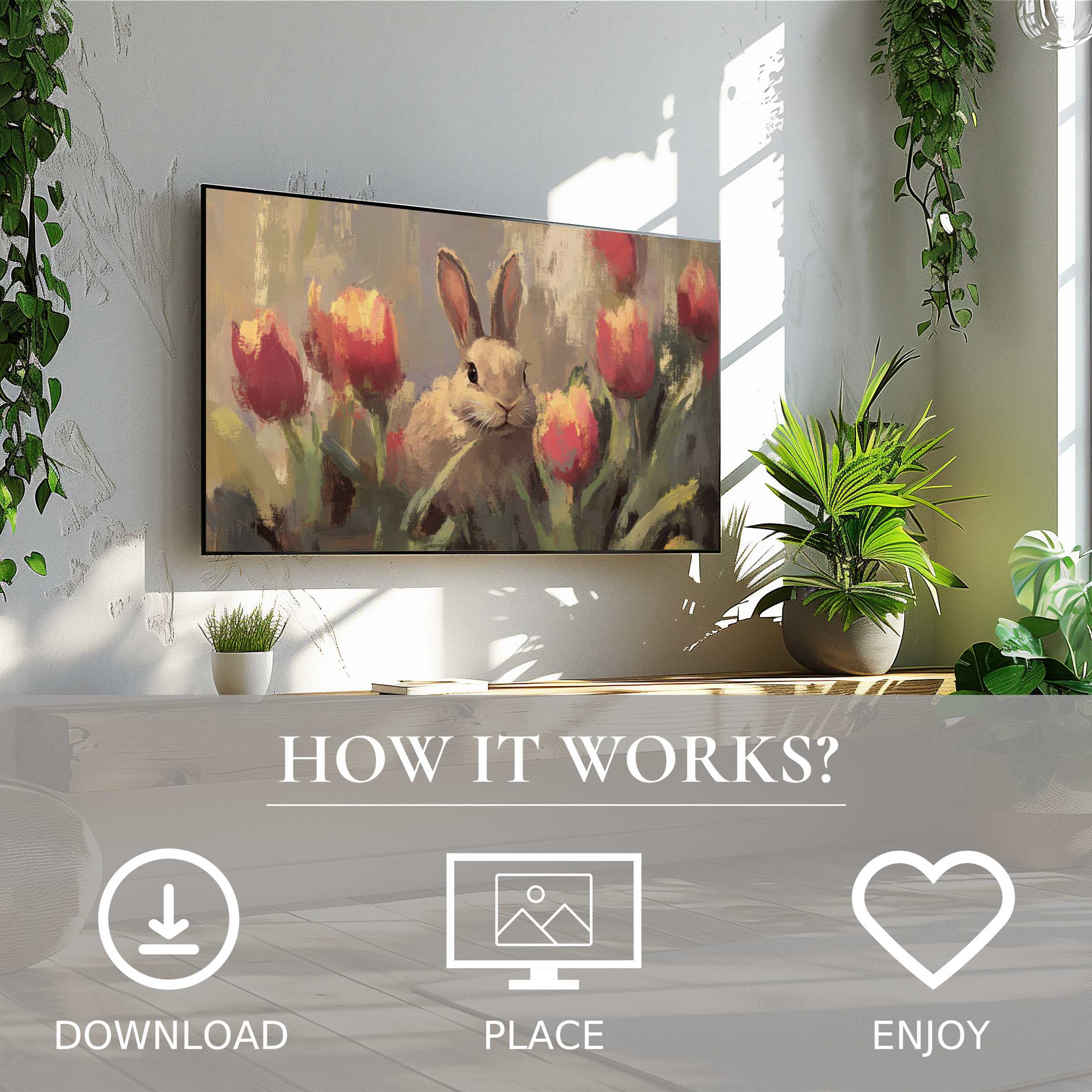 Modern living room with easter art for Samsung TV; soft sunset tones, easy digital download enriches space