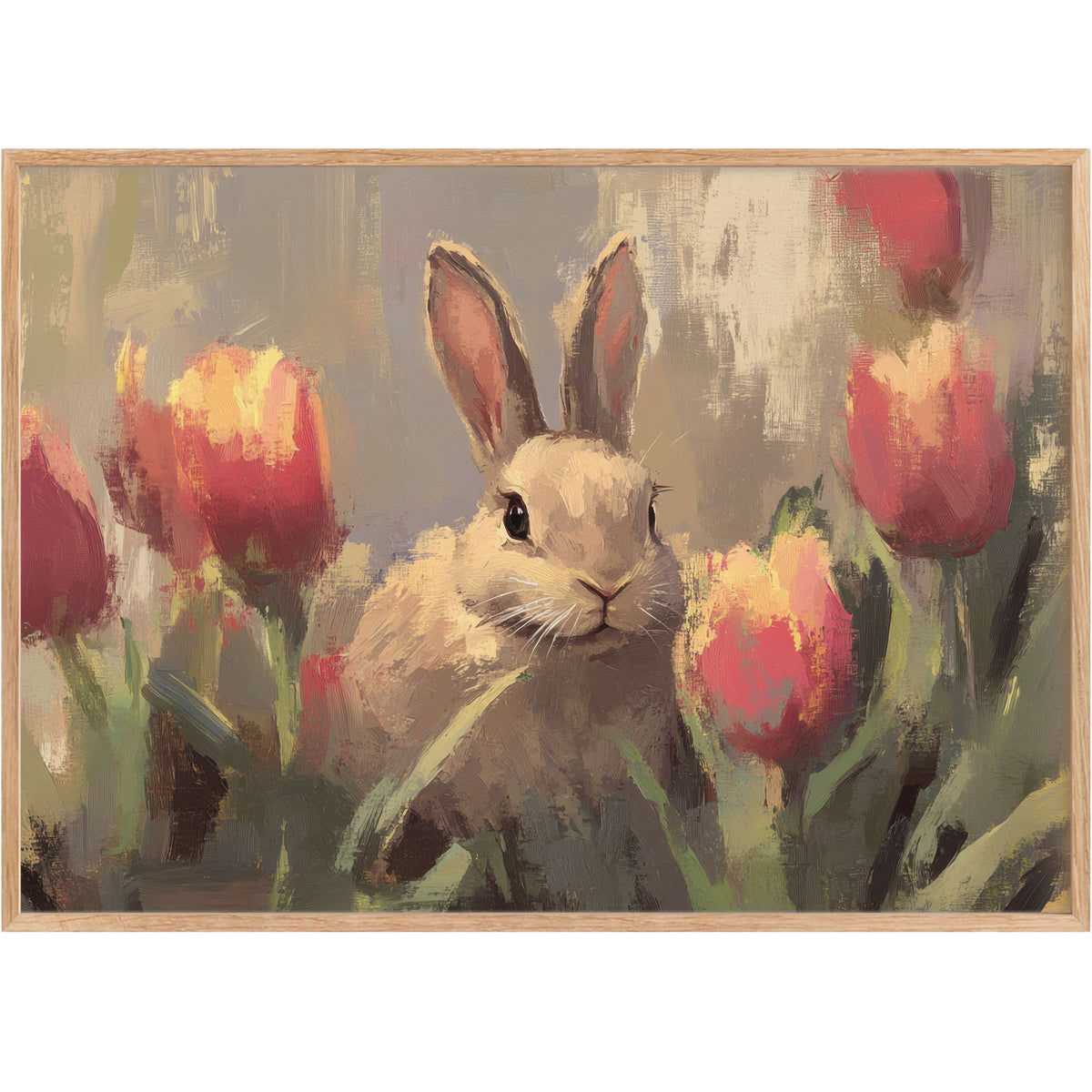 Softly rendered bunny nestled among warm coral tulips, an Easter printable wall art that radiates gentle springtime serenity