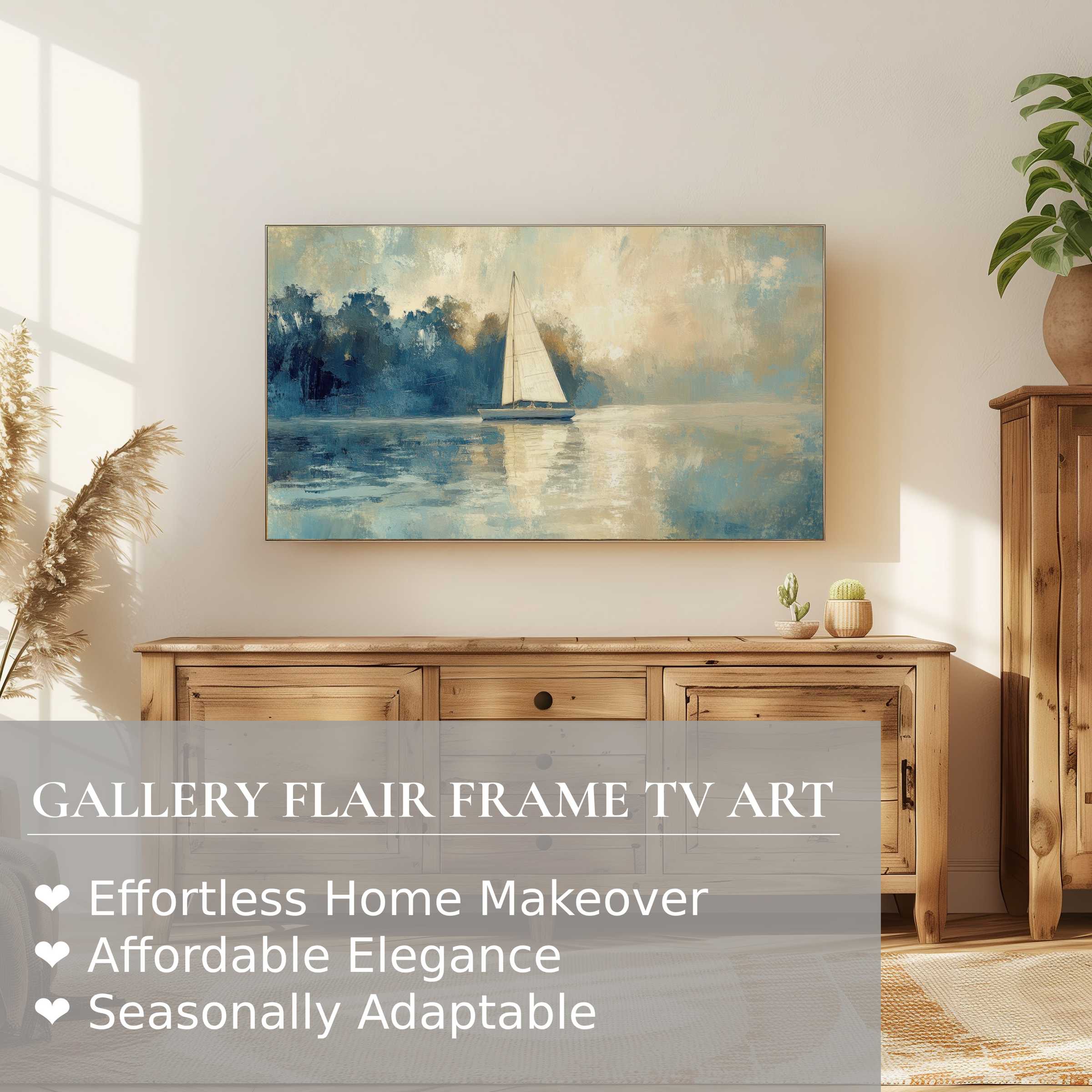 Samsung Frame TV displaying serene coastal digital artwork in soft blues and neutrals, perfect for refined decor