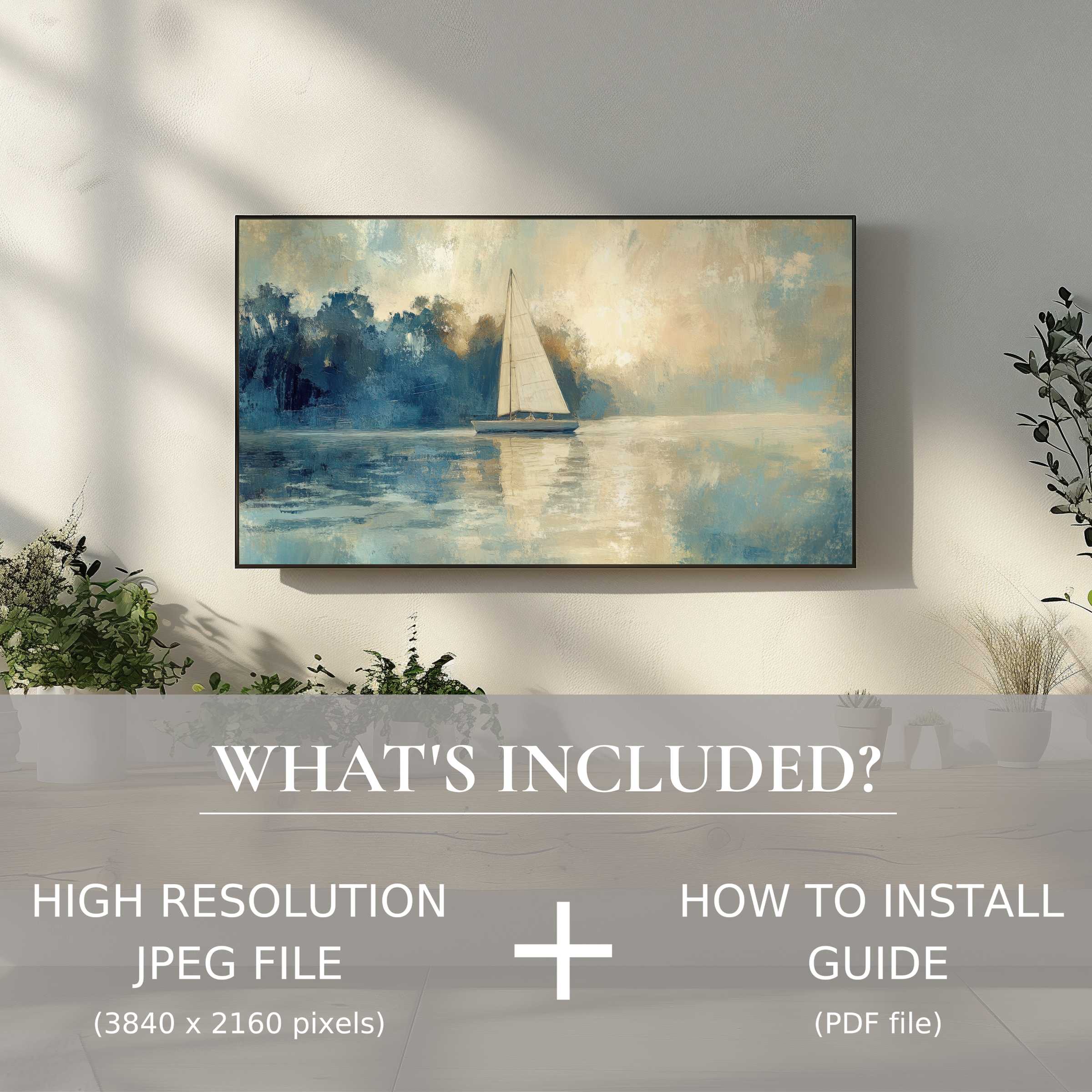 Elegant coastal digital TV art download with easy use, enhancing serene living spaces with calming sailboat scenery