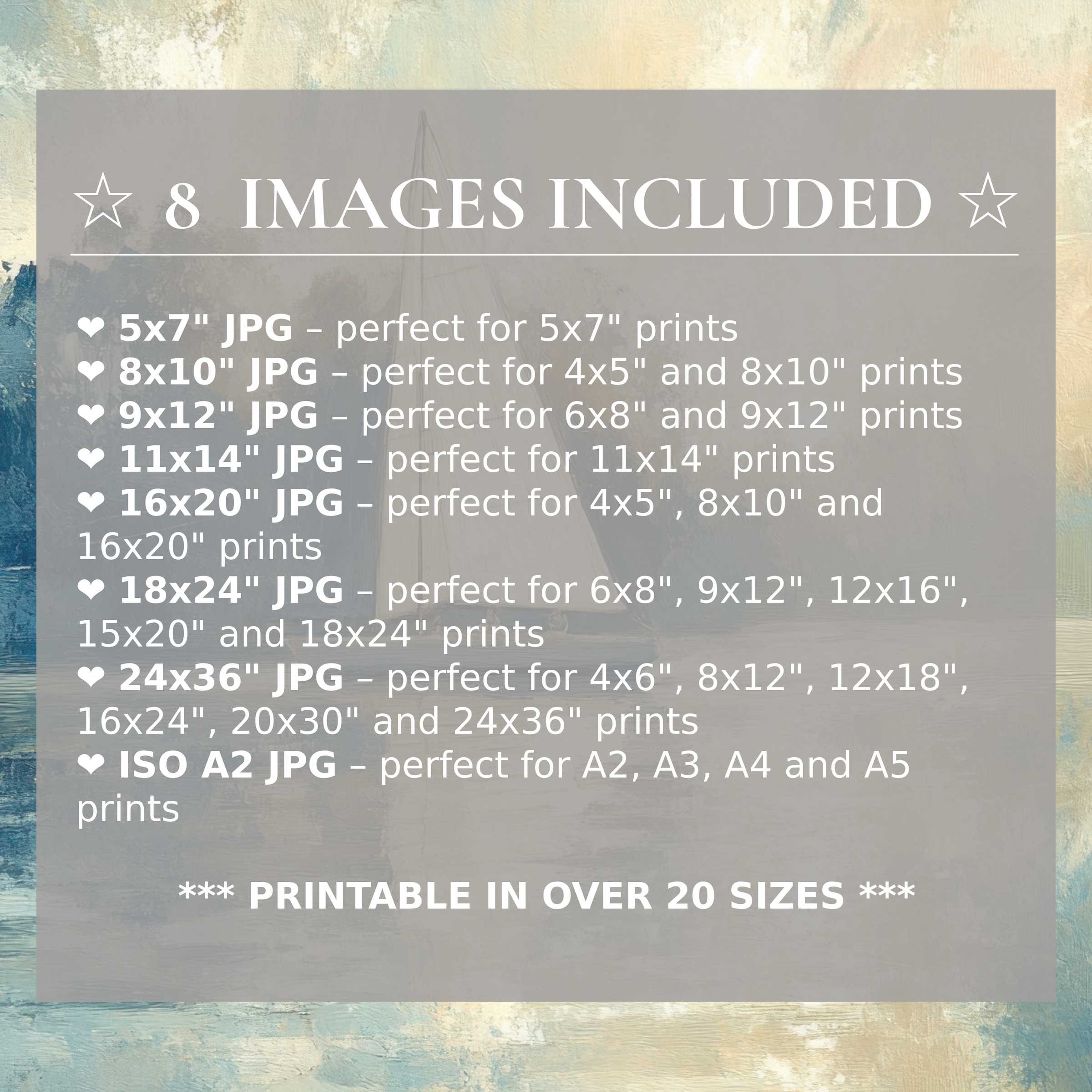 Coastal digital print in soothing blues and sandy neutrals, radiating calm sophistication; includes 8 high-quality sizes