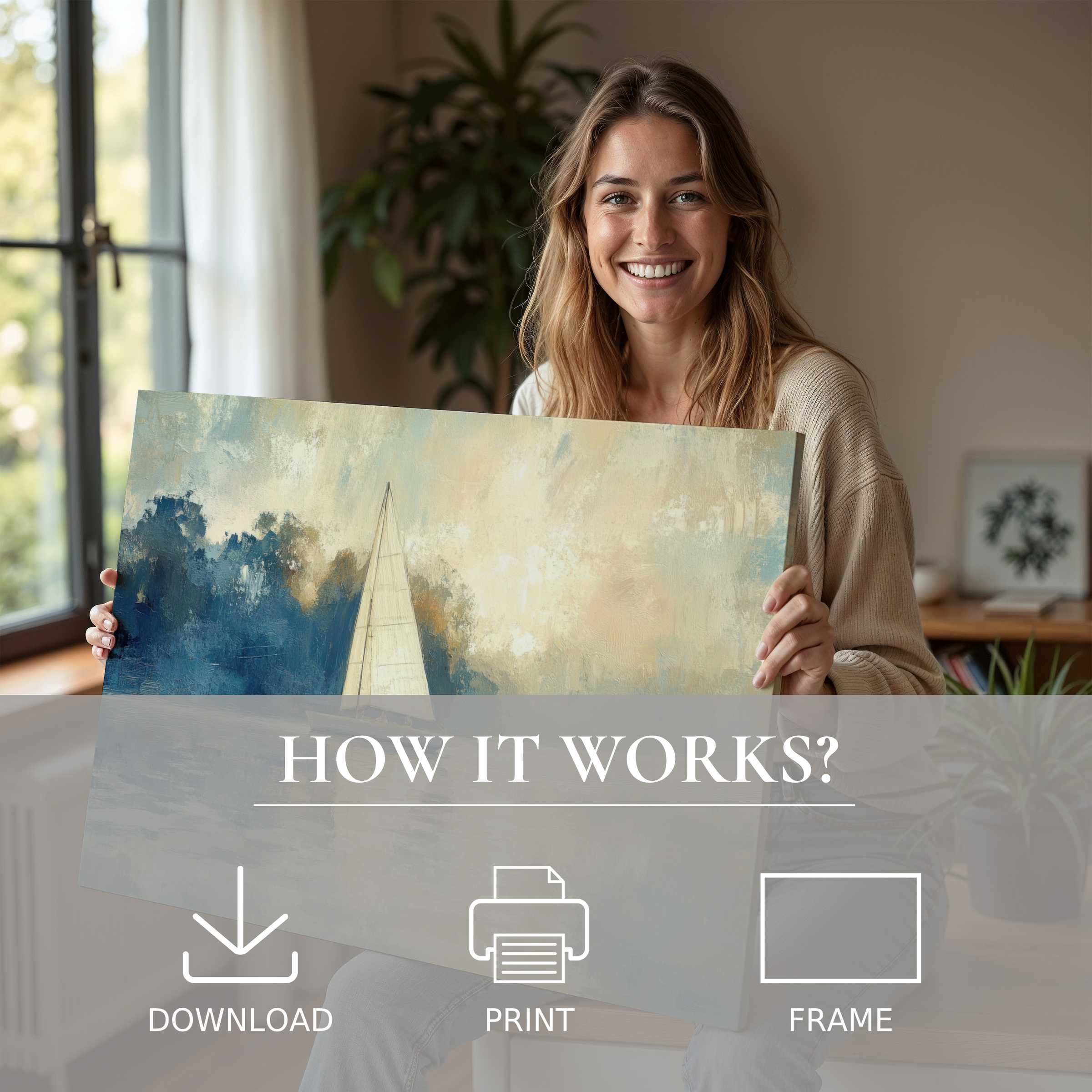 Coastal digital art print inspiring serene joy in a stylish home, embodying effortless elegance and heartfelt connection with art
