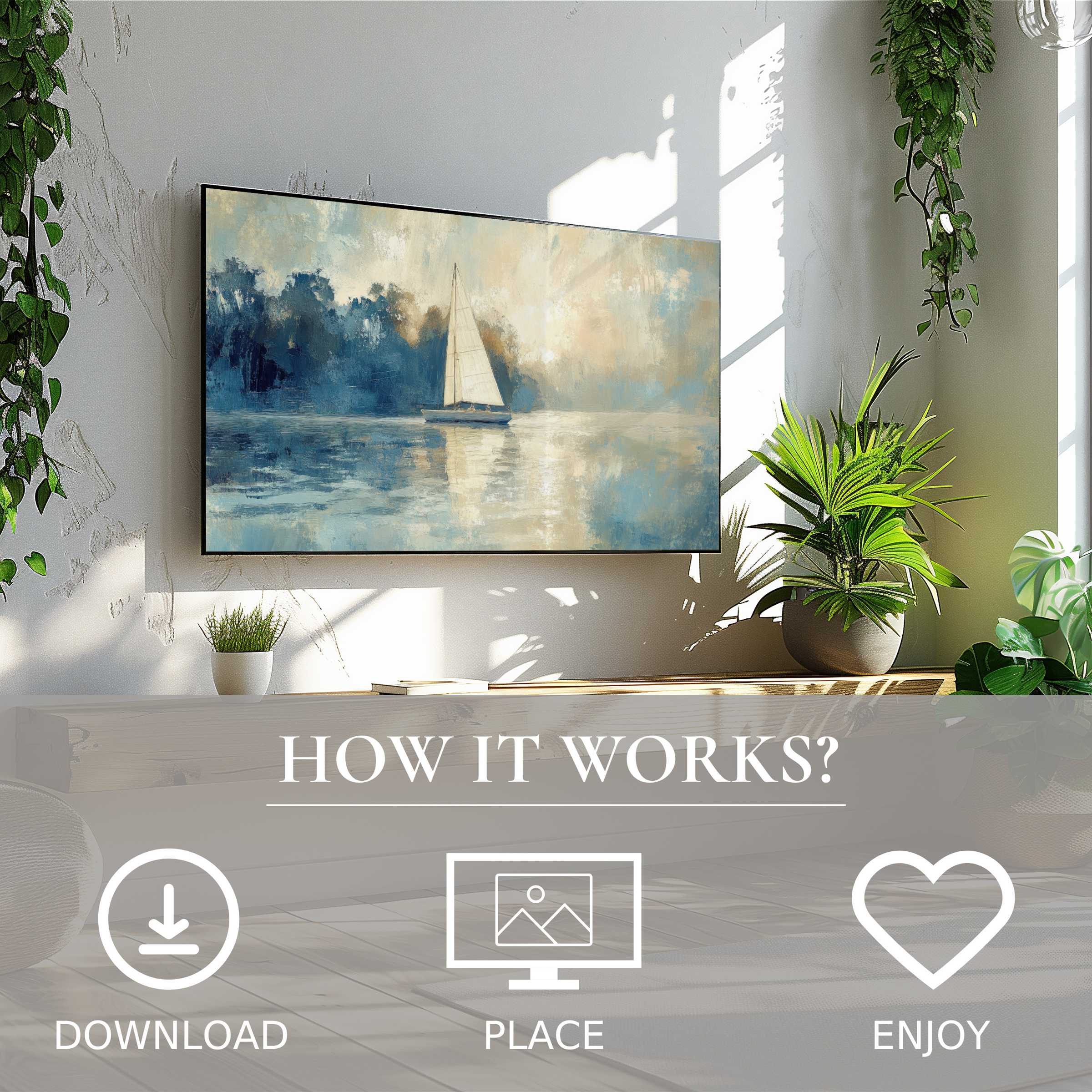 Coastal art for Samsung TV shows soft blue sailboat tones, easy digital download enriches modern living spaces