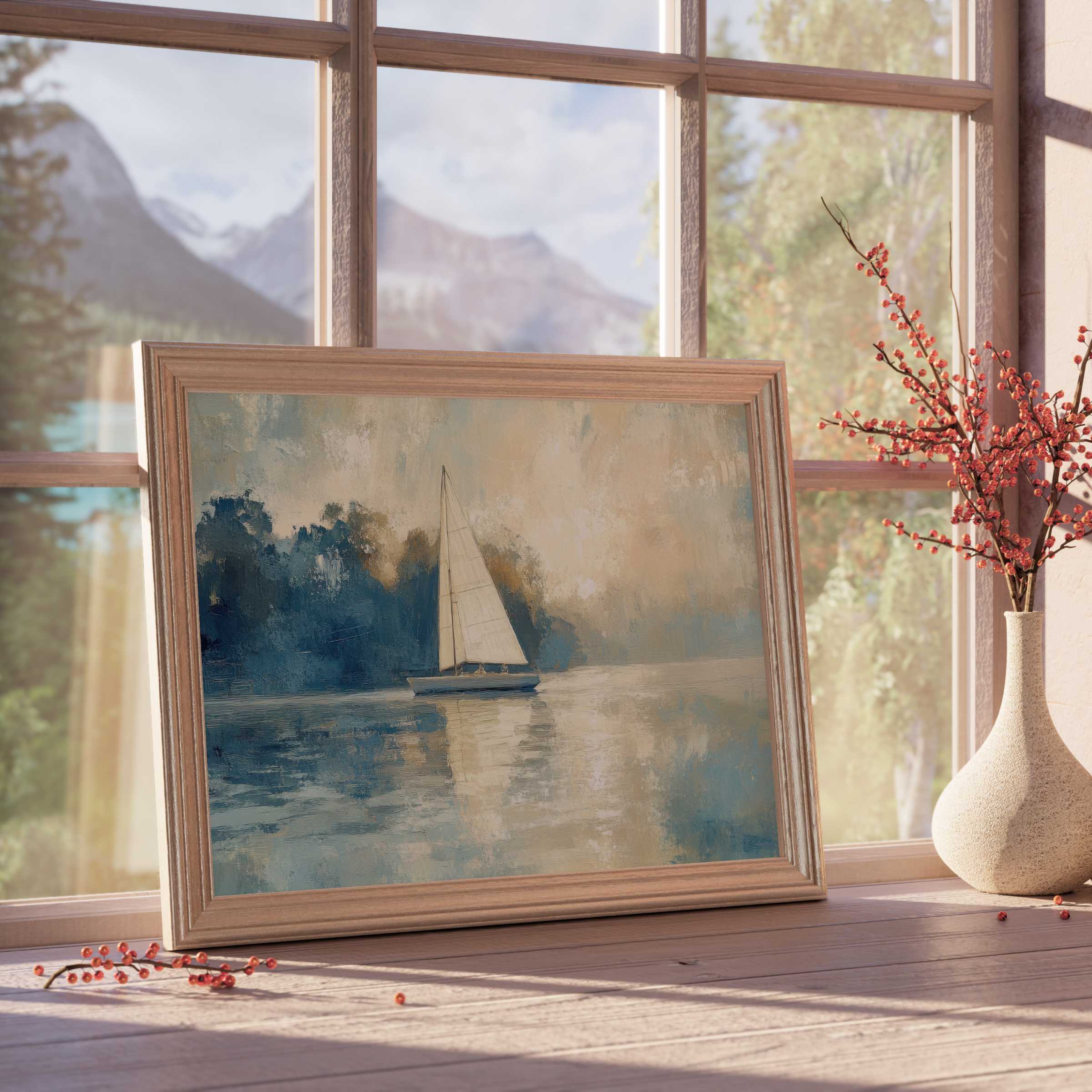 Coastal downloadable art capturing serene sailboats gliding through misty waters, perfect for tranquil, design-forward interiors