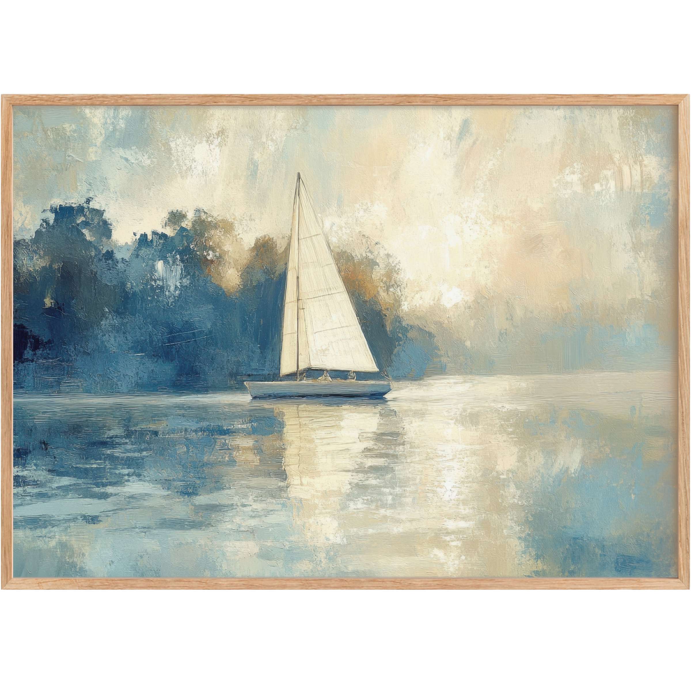 Coastal printable wall art capturing a serene sailboat bathed in soft blues and warm beige, evoking tranquil seaside elegance