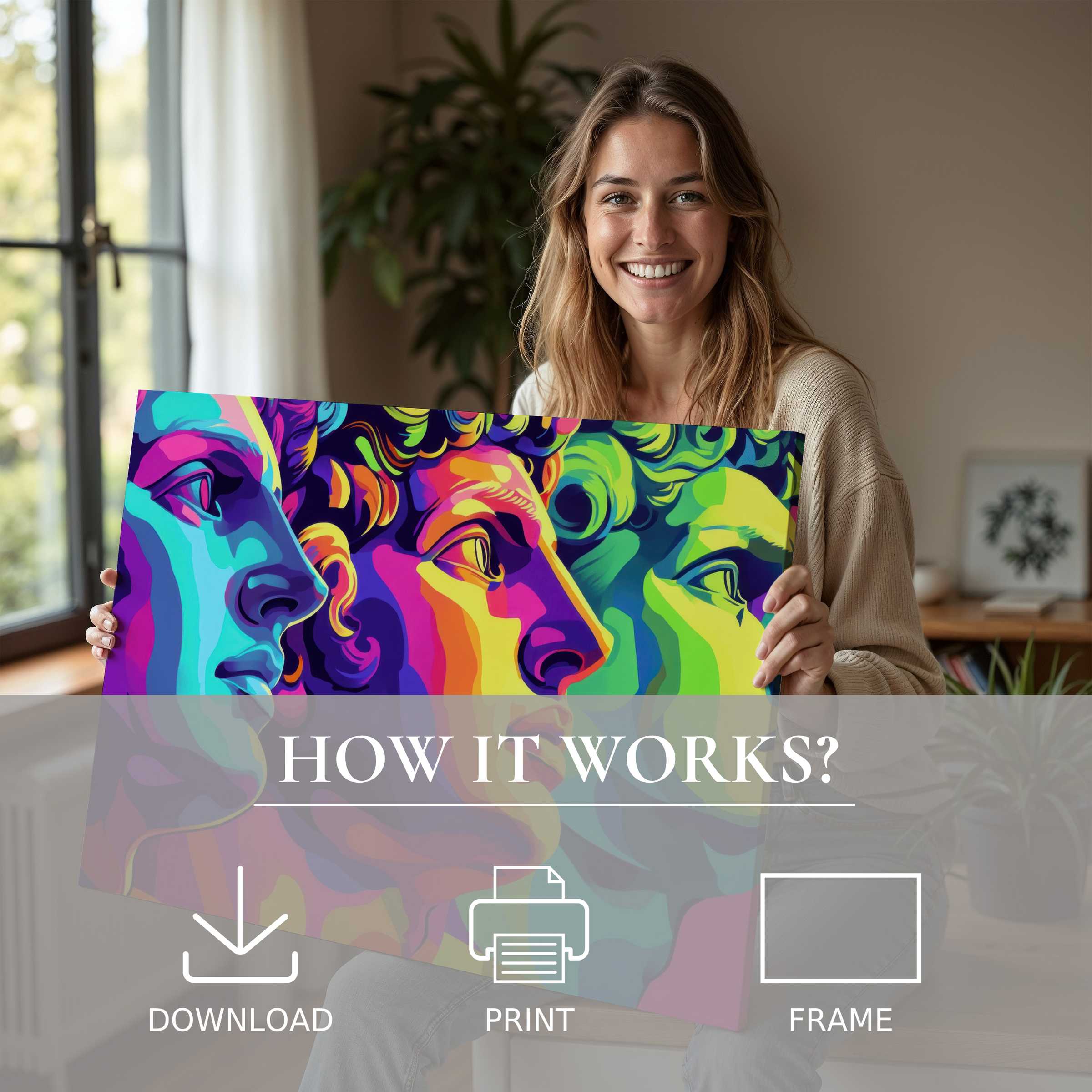 Joyful woman in a serene modern home embraces vibrant pop art digital art print, enriching her living space