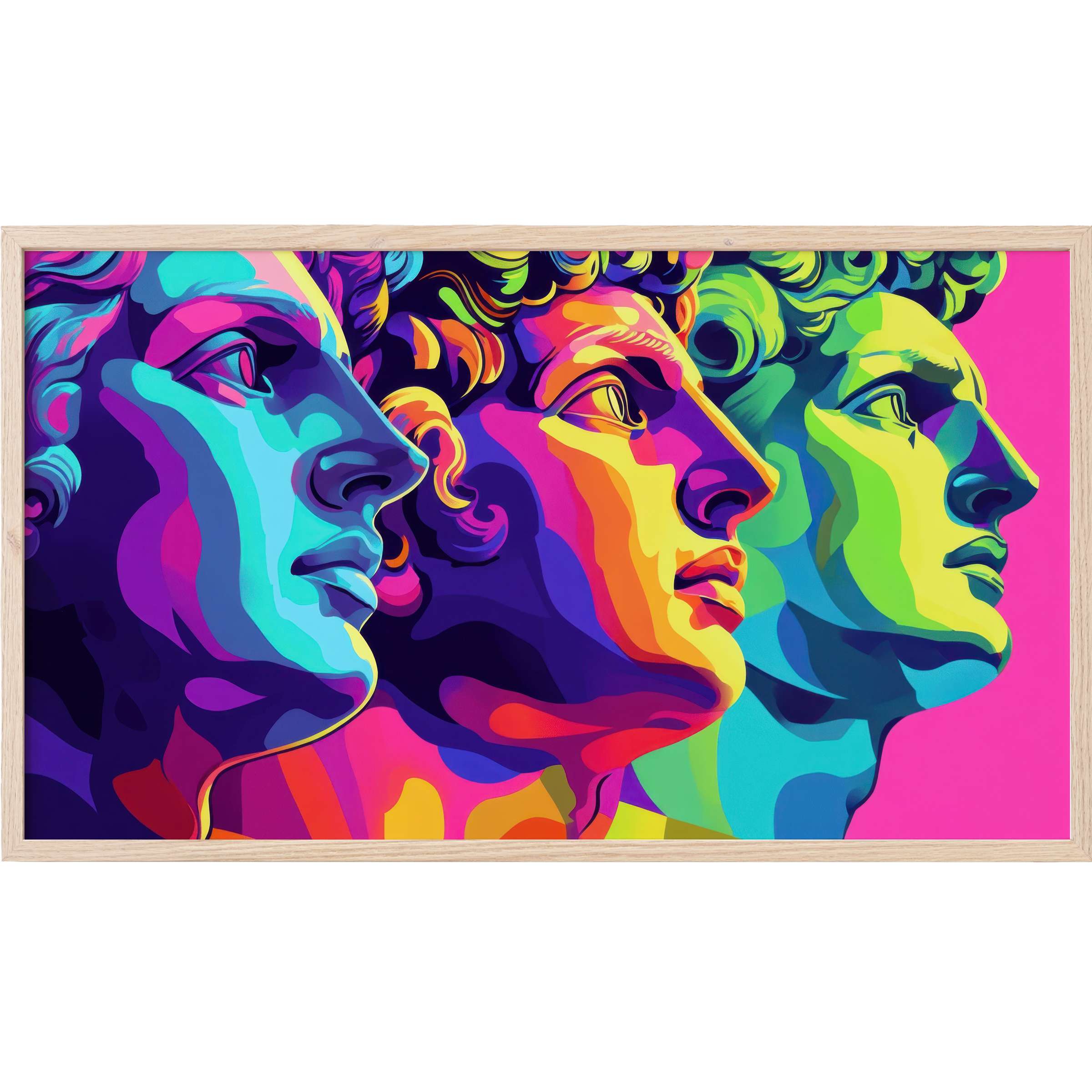 Vibrant neon hues and bold shapes depict classical busts in dynamic profile for striking pop art Frame TV Art