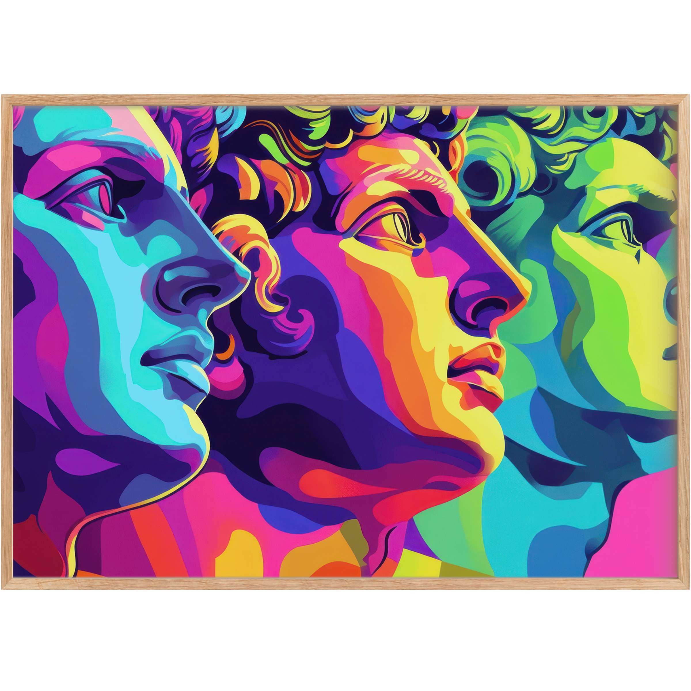 Vibrant pop art printable wall art in radiant blues, pinks, and yellows, energizing interiors with bold, modern sophistication
