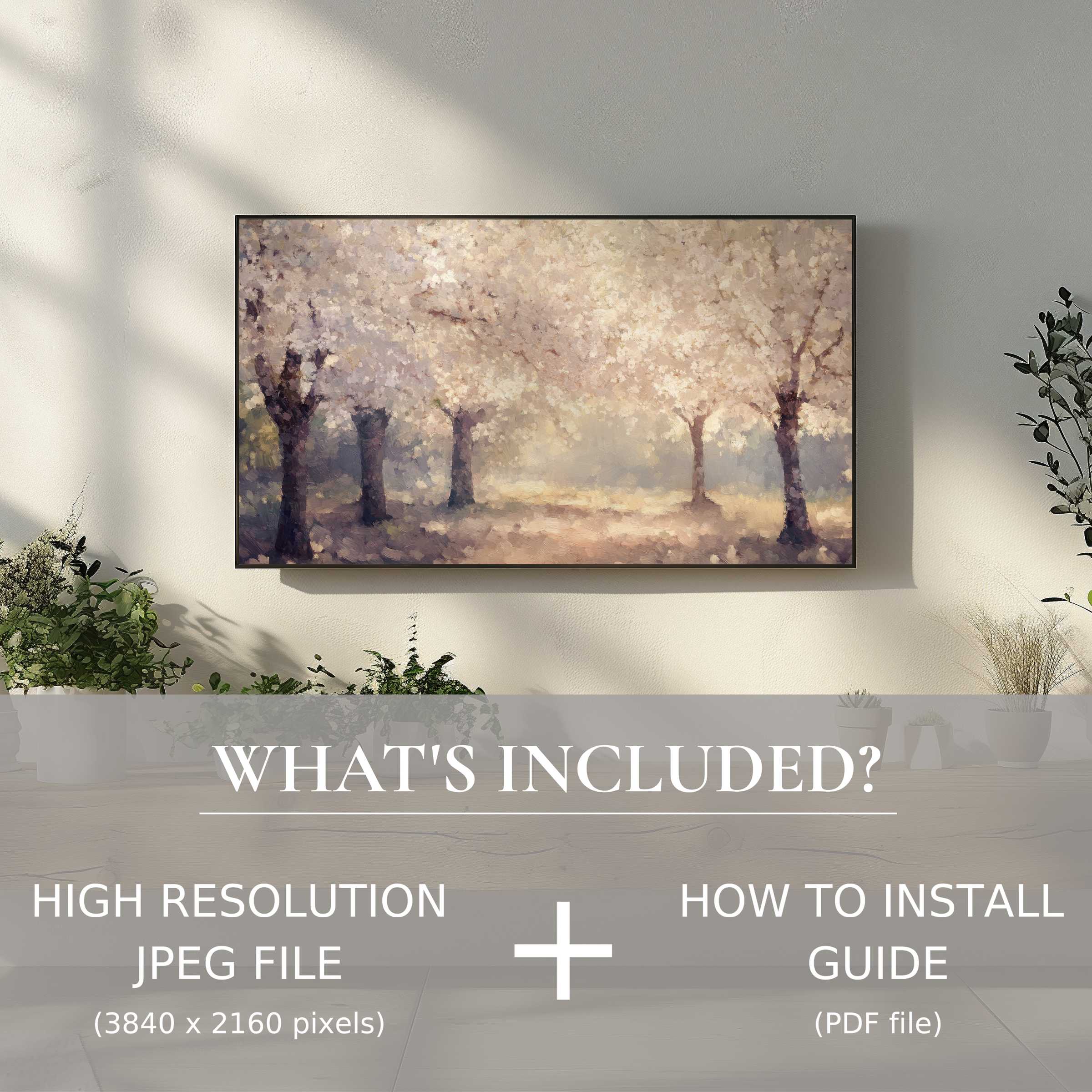 Elegant living room with soft floral art on digital screen, summer digital TV art download for easy, stylish decor uplift