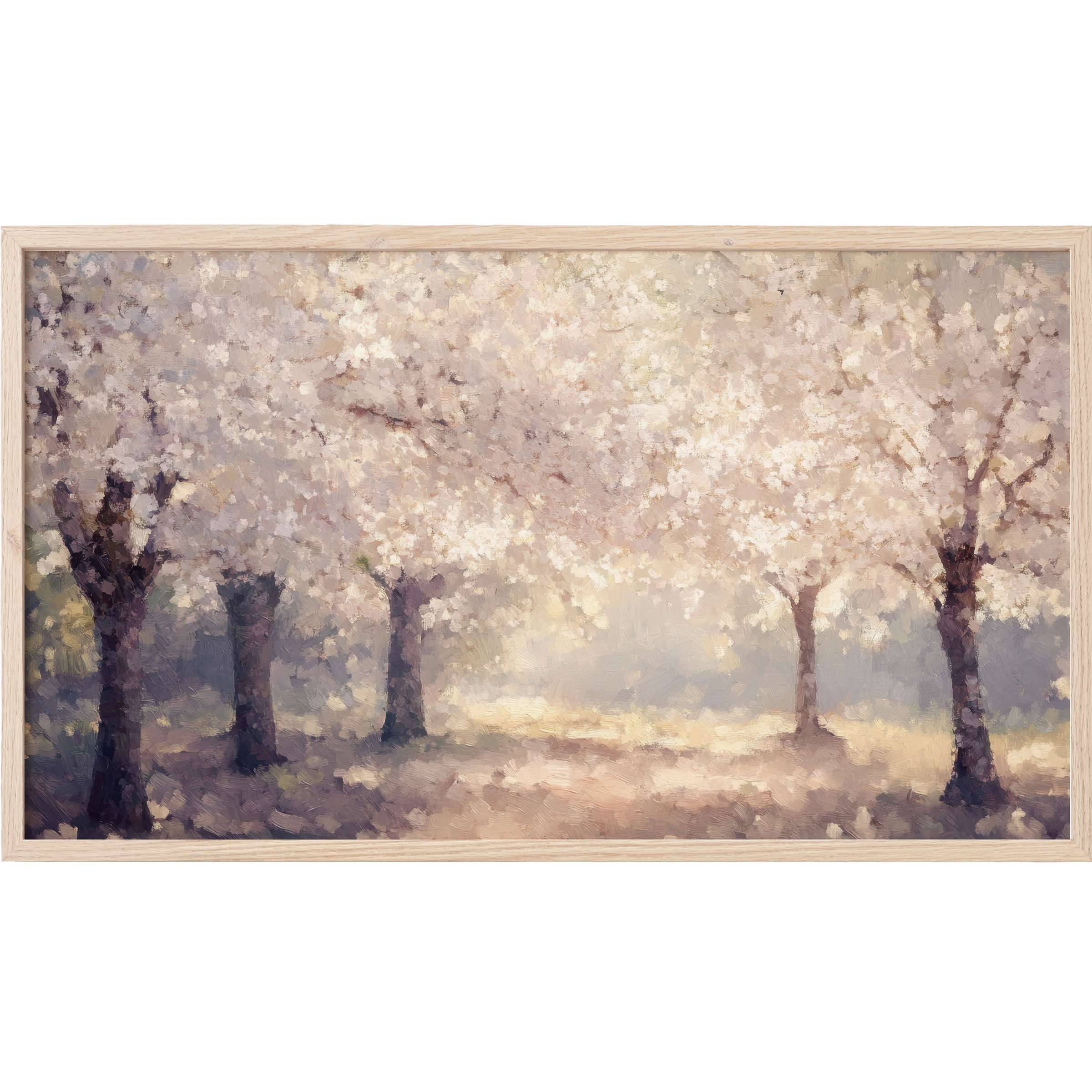 Soft pastel hues and impressionist style evoke tranquility in this summer Frame TV Art with blooming trees
