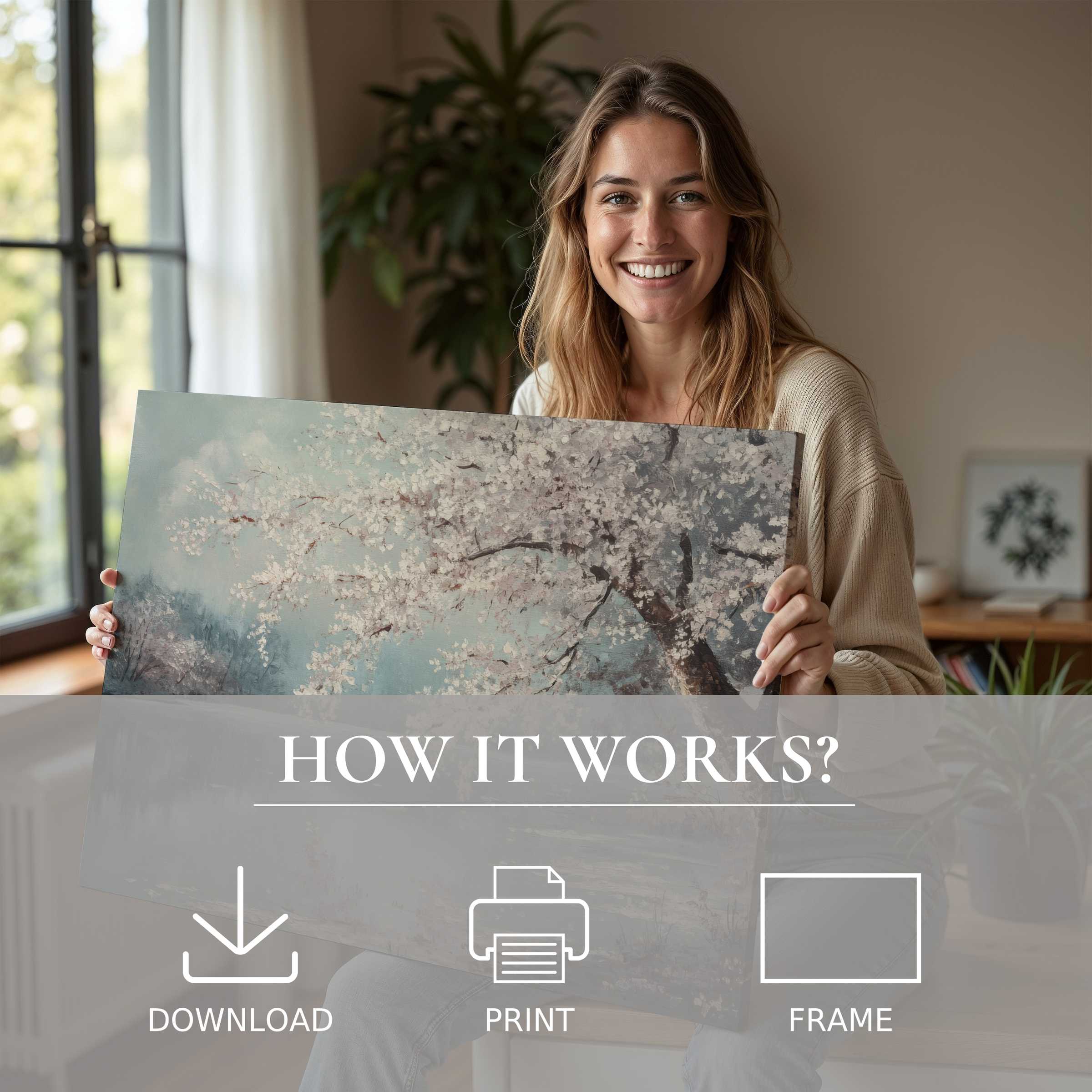 Bright landscape digital art print graces a modern home, evoking joy and connection through effortless beauty and serene tones