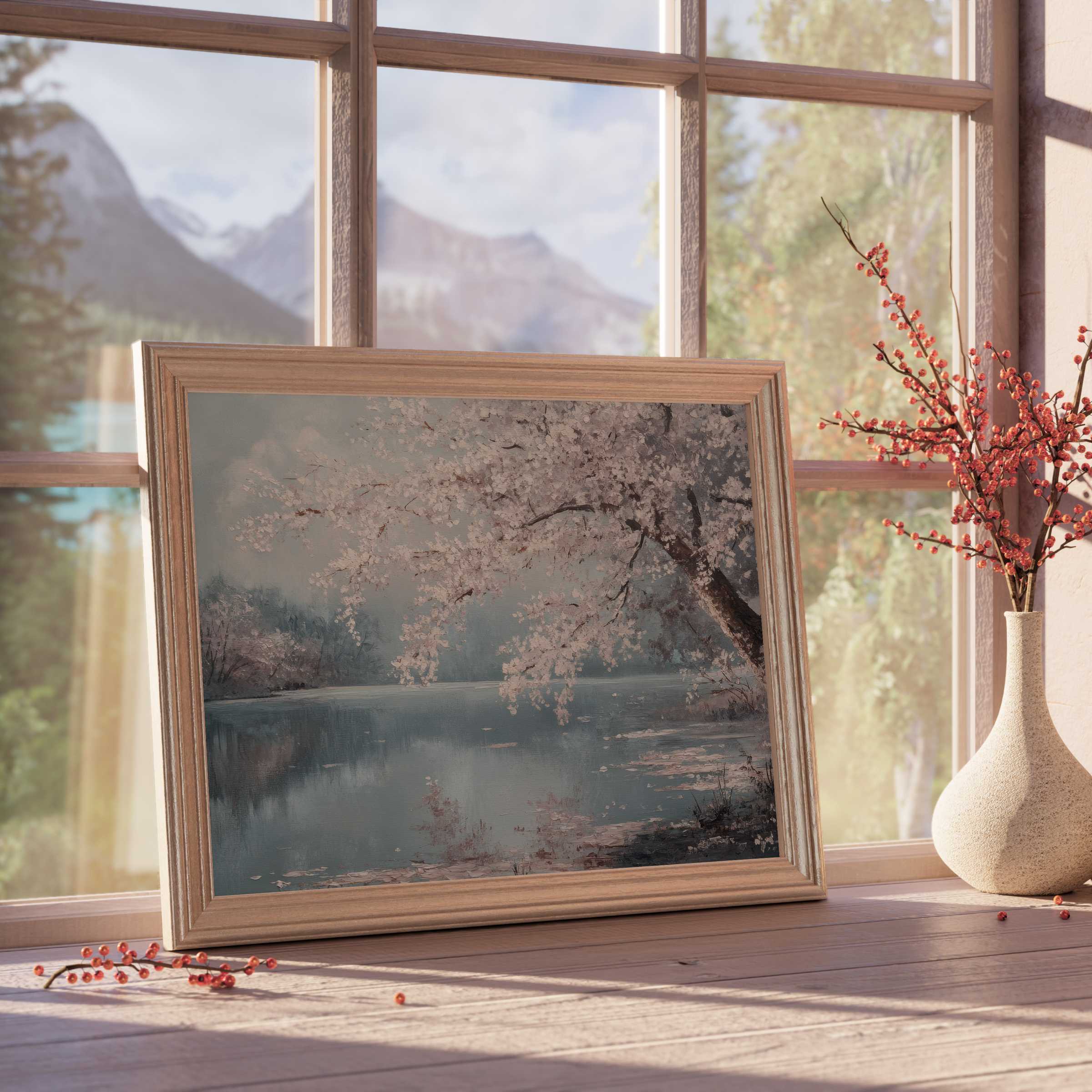 Serene landscape downloadable art captures tranquil waters beneath delicate cherry blossoms, enhancing calm, curated interiors with natural elegance