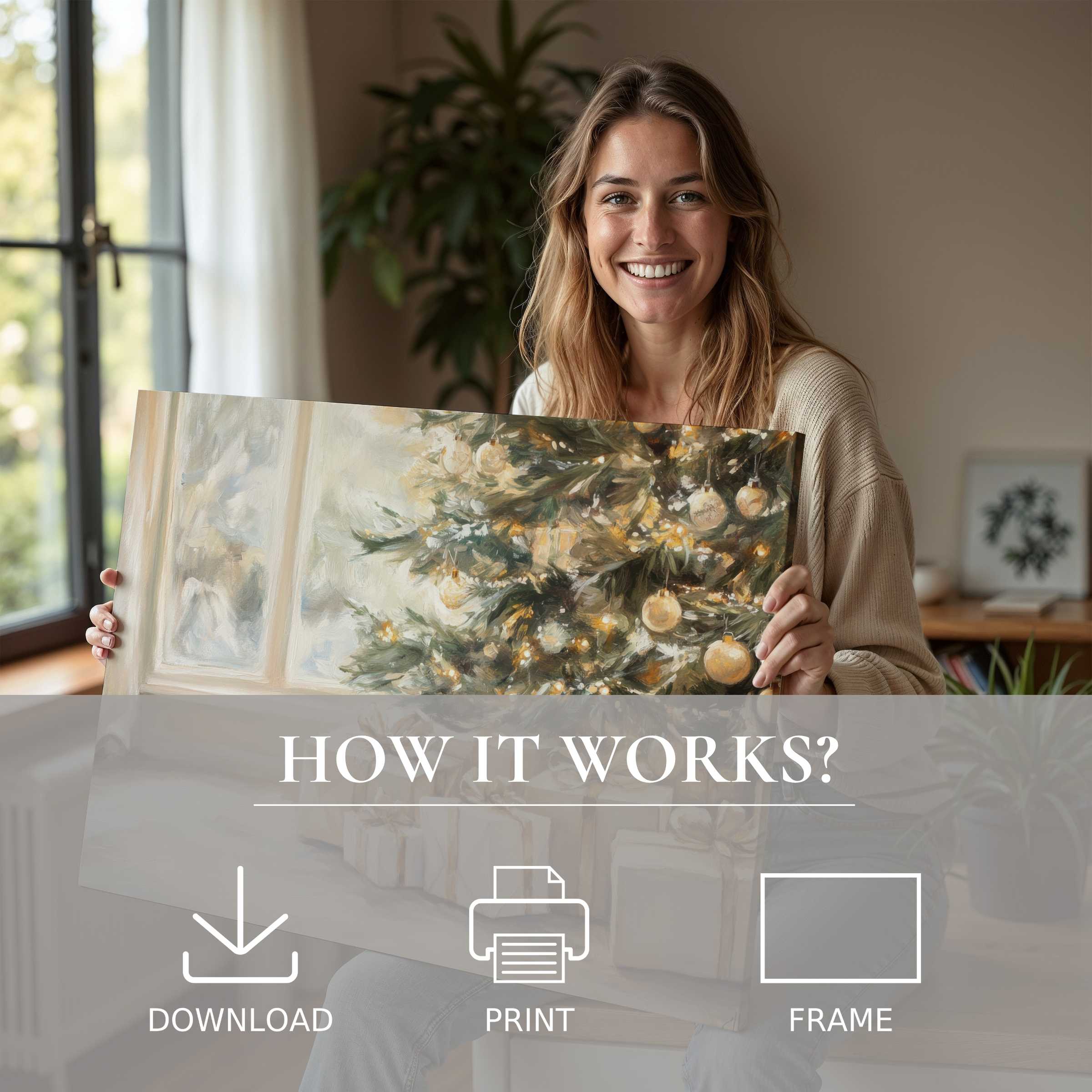 Radiant Christmas digital art print evokes warm joy, bringing serene holiday charm to modern spaces with effortless elegance