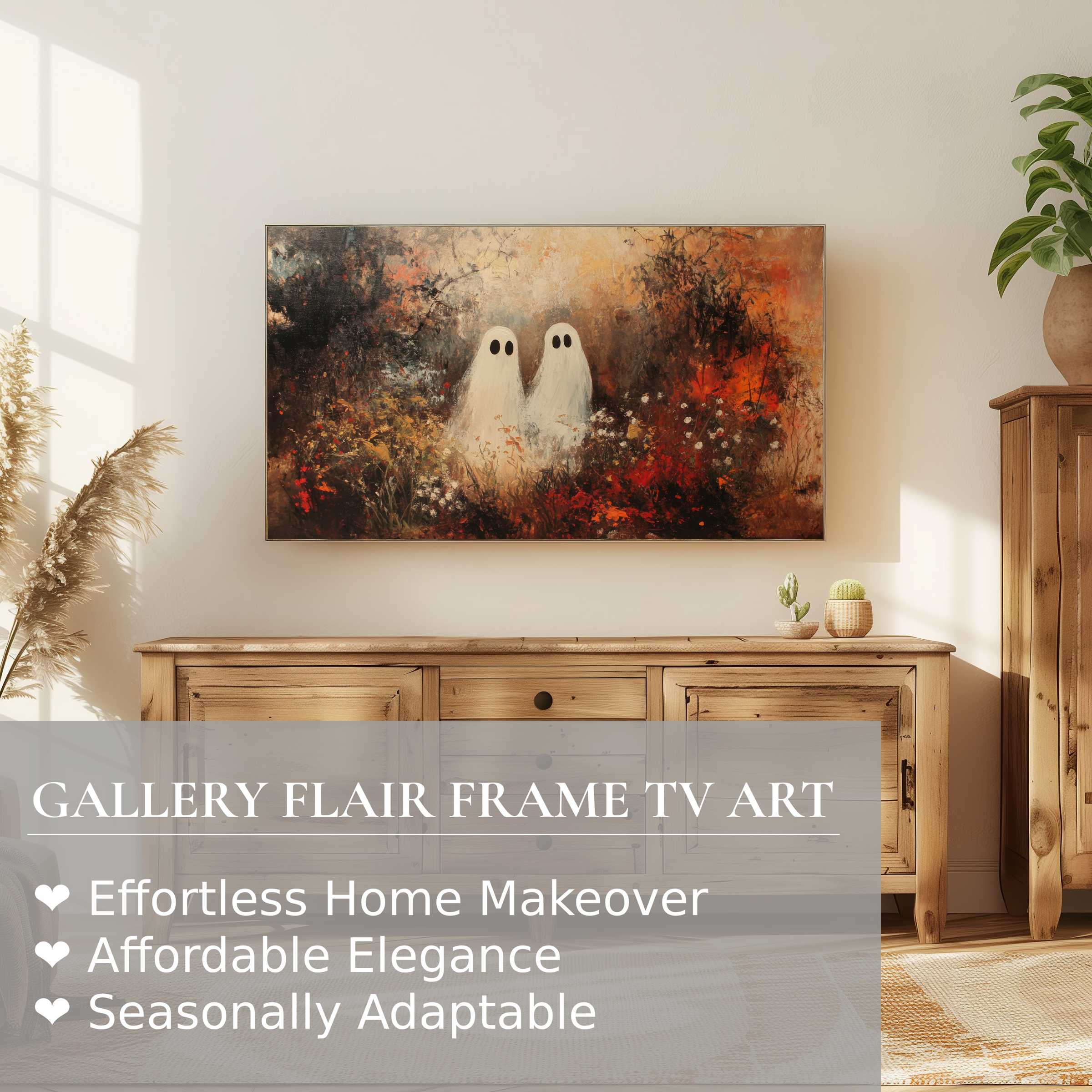 Samsung Frame TV displays refined halloween digital artwork with autumnal hues in a modern, elegant living space