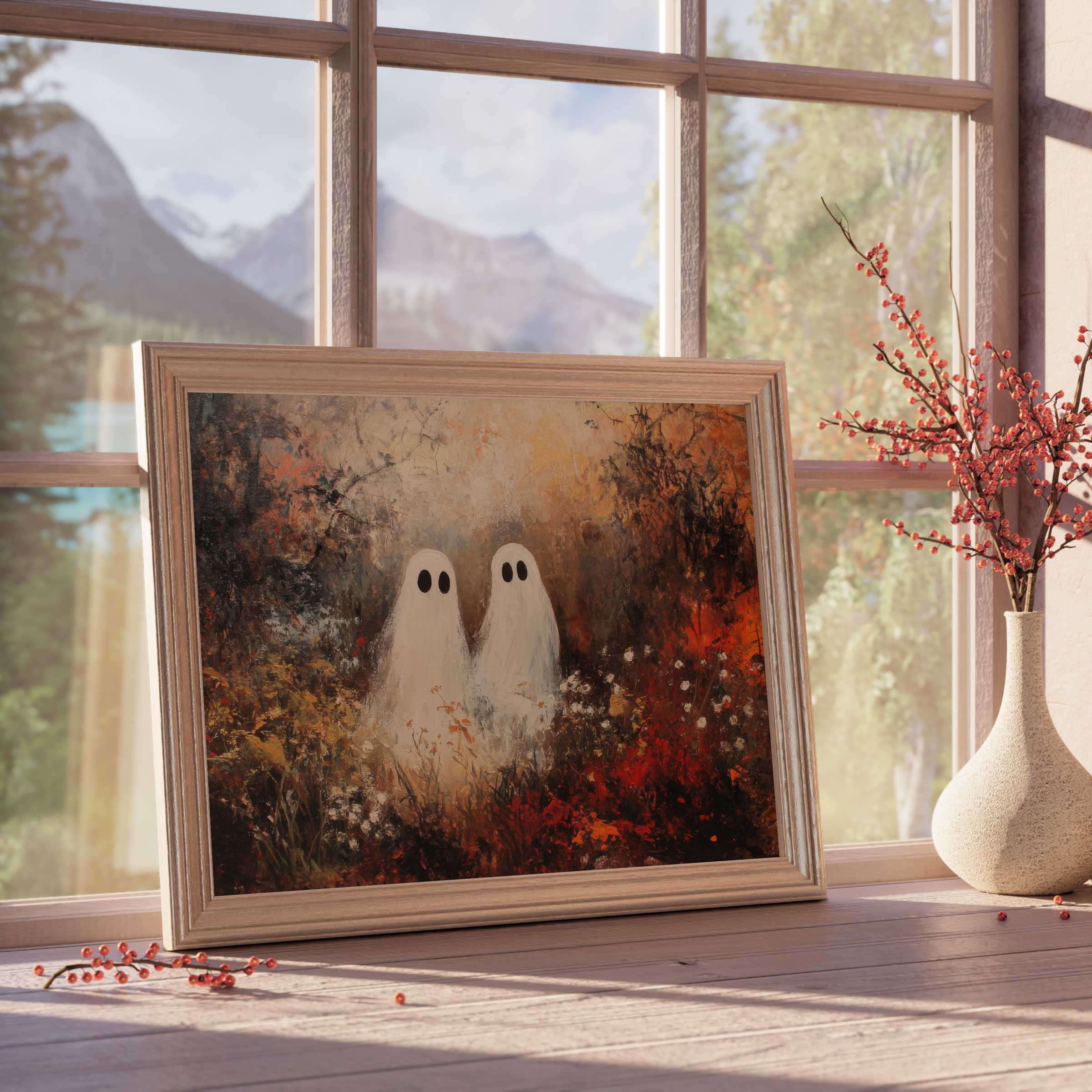 Halloween downloadable art featuring whimsical ghosts in warm autumnal hues, elevating curated, serene interiors with a touch of playful elegance and seasonal charm