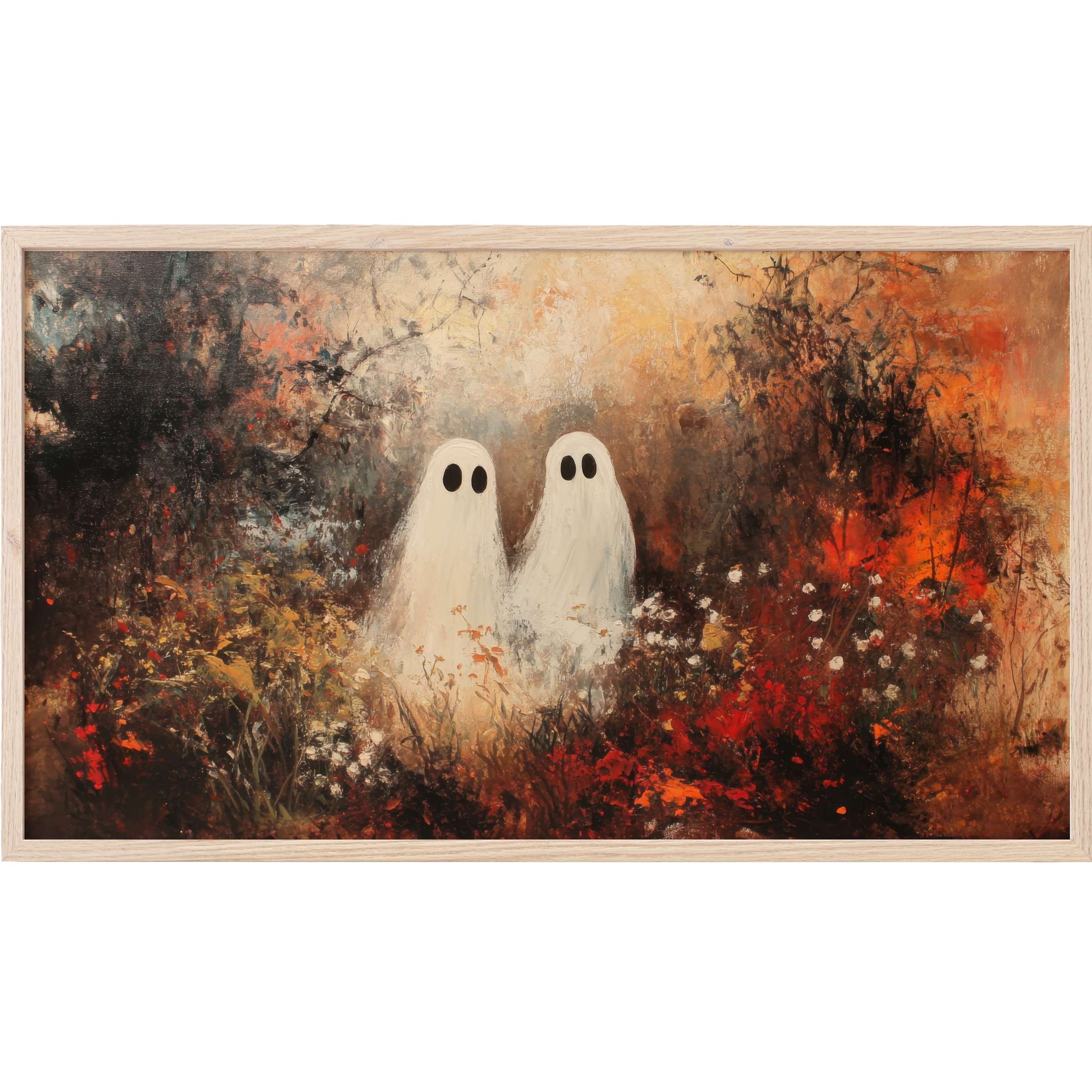 Elegant autumnal scene with two white ghosts amid rich reds and browns, a modern halloween Frame TV Art piece