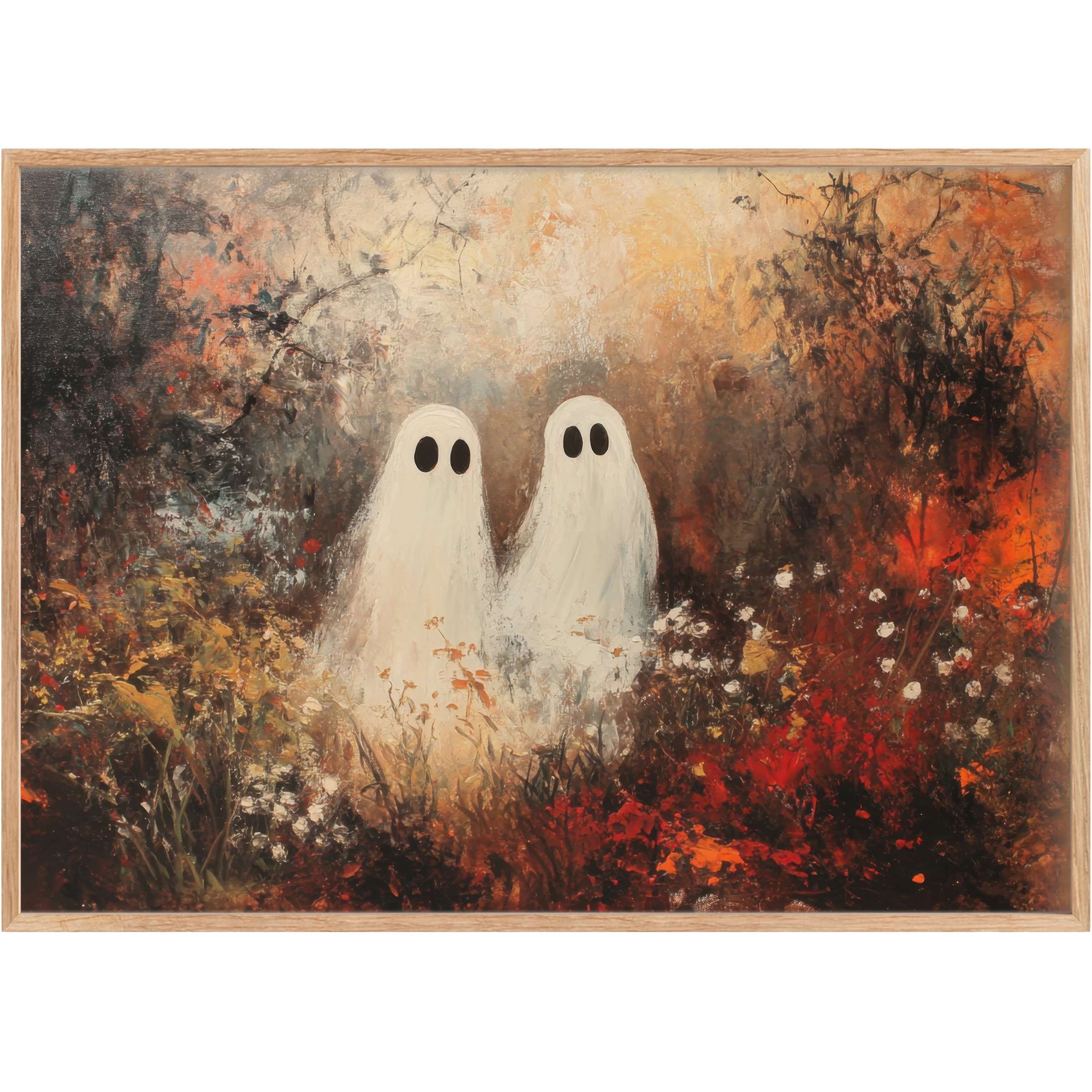 Enchanting halloween printable wall art featuring whimsical ghosts amid warm, moody amber and deep crimson tones, evoking a mysterious, cozy autumnal vibe