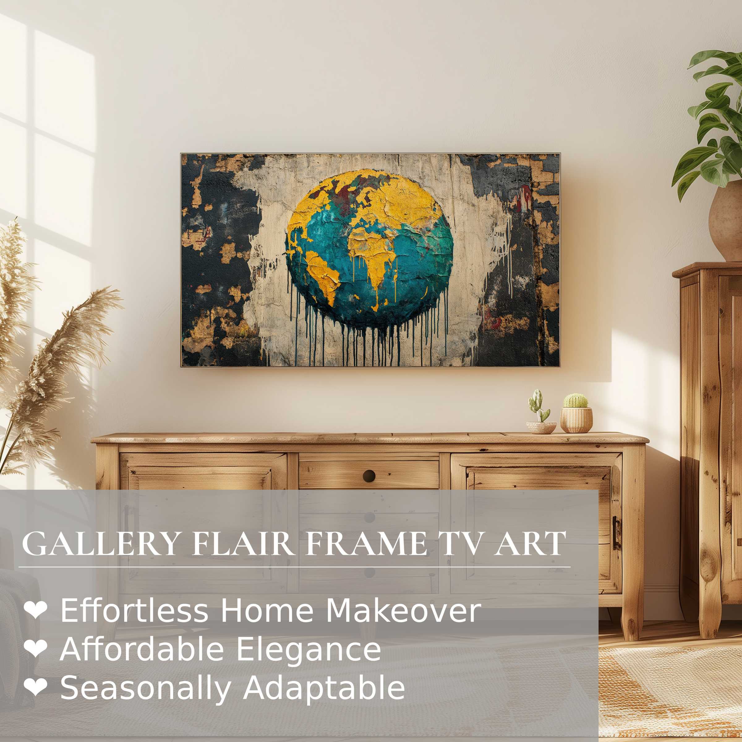 Samsung Frame TV showcasing vibrant street art digital artwork in a warm, minimalist living room setting