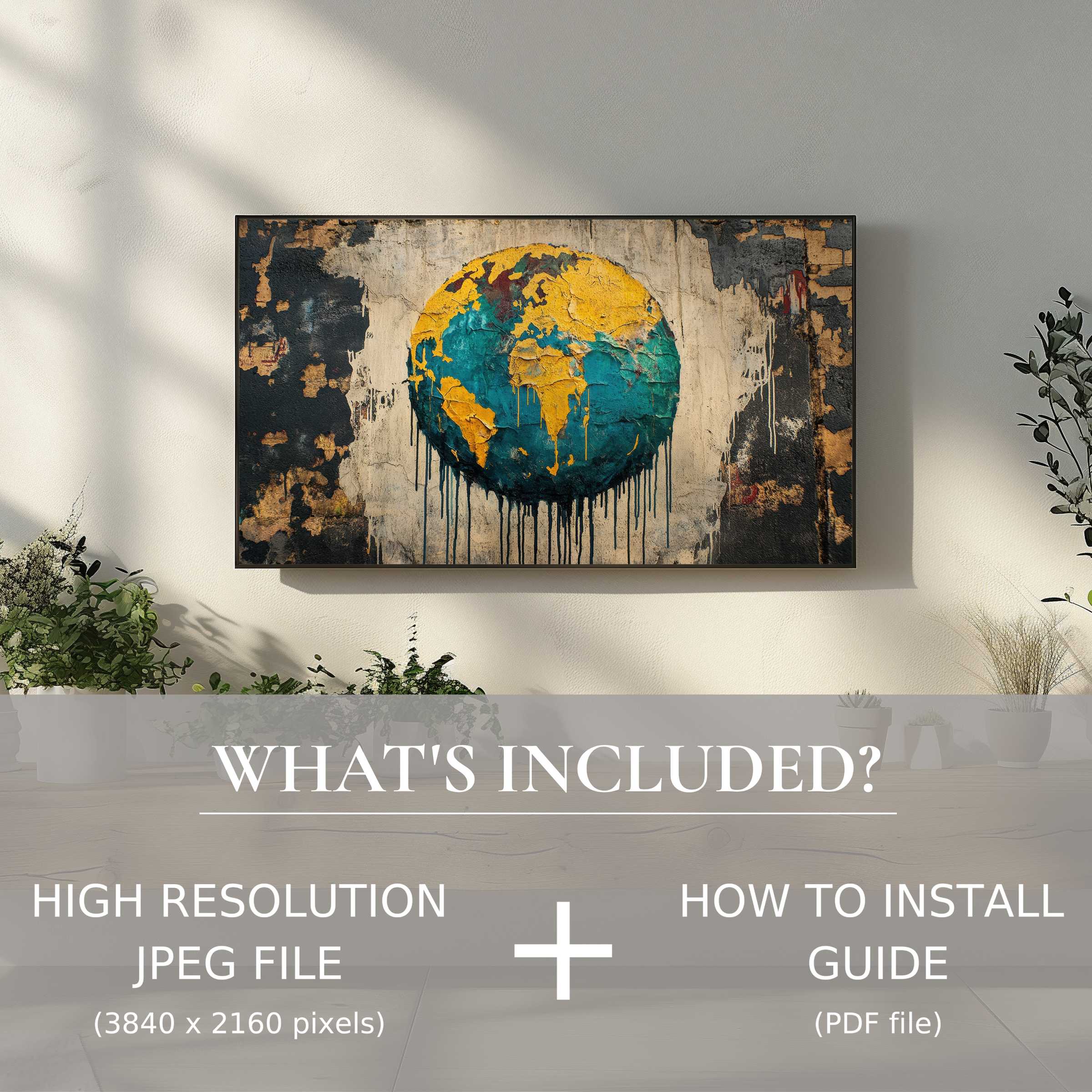 Modern living room with vibrant street art digital TV art download, easy digital use, elevating your decor effortlessly