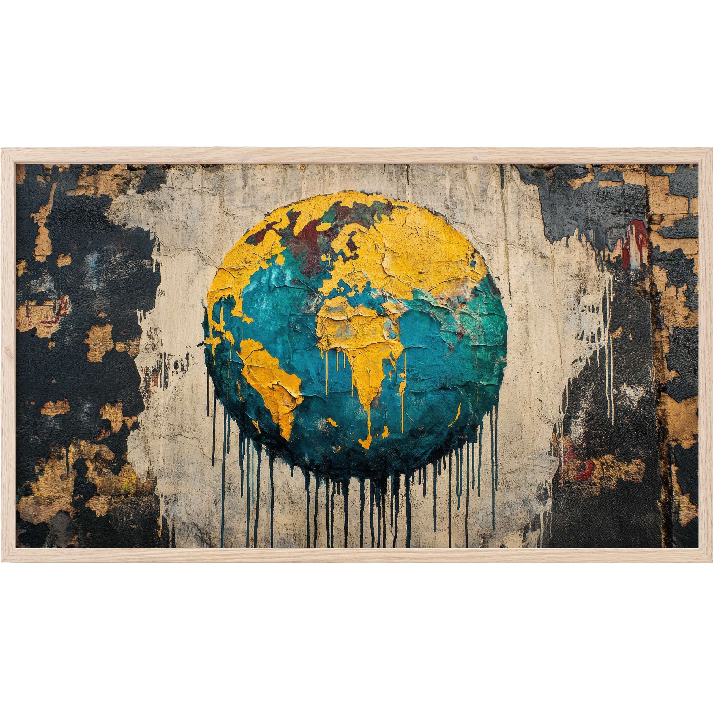 Street art Frame TV Art featuring a textured globe in rich teal and gold with peeling, dripping paint effects
