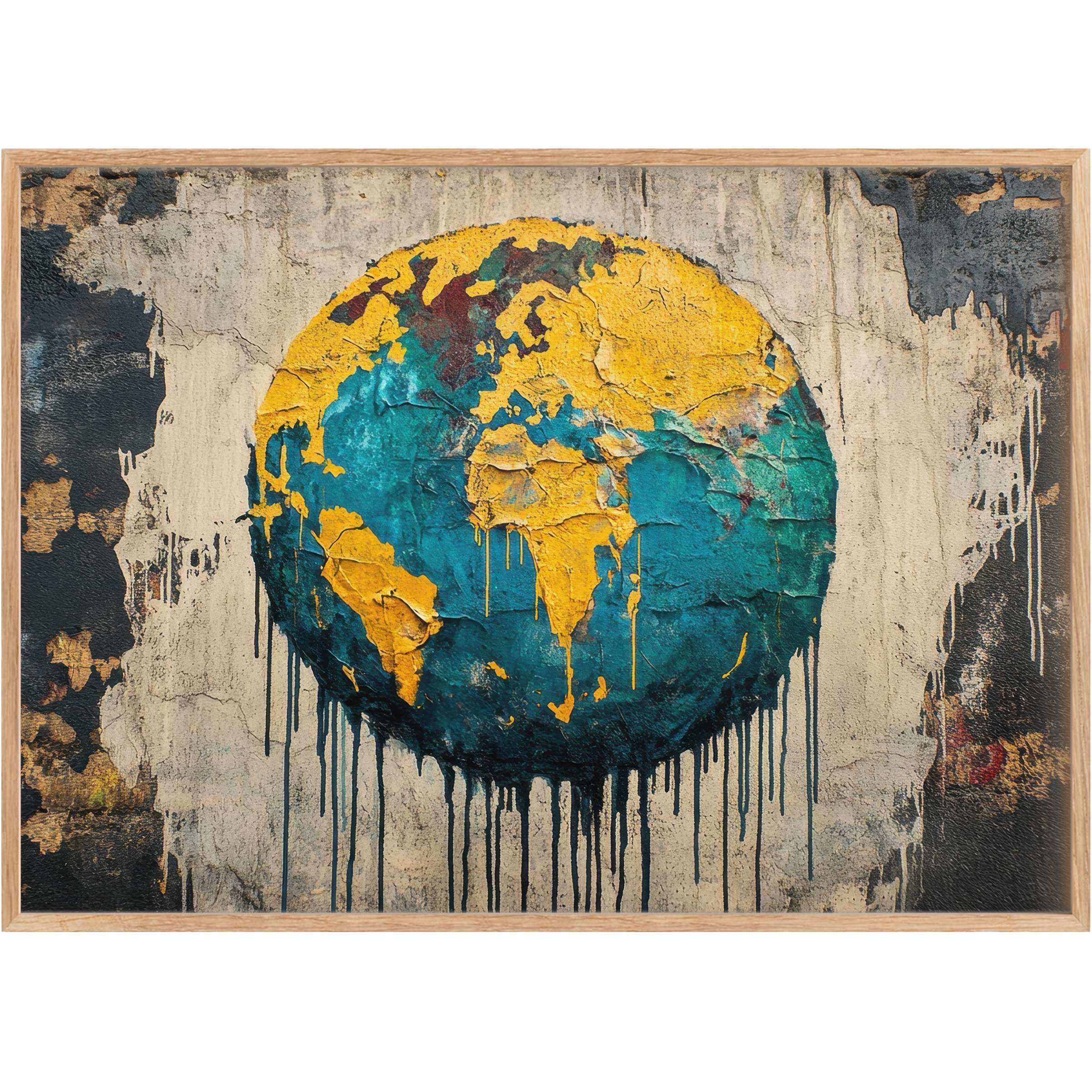 Bold street art printable wall art featuring a dripping globe in rich turquoise and golden hues, evoking a dynamic, urban-chic ambiance
