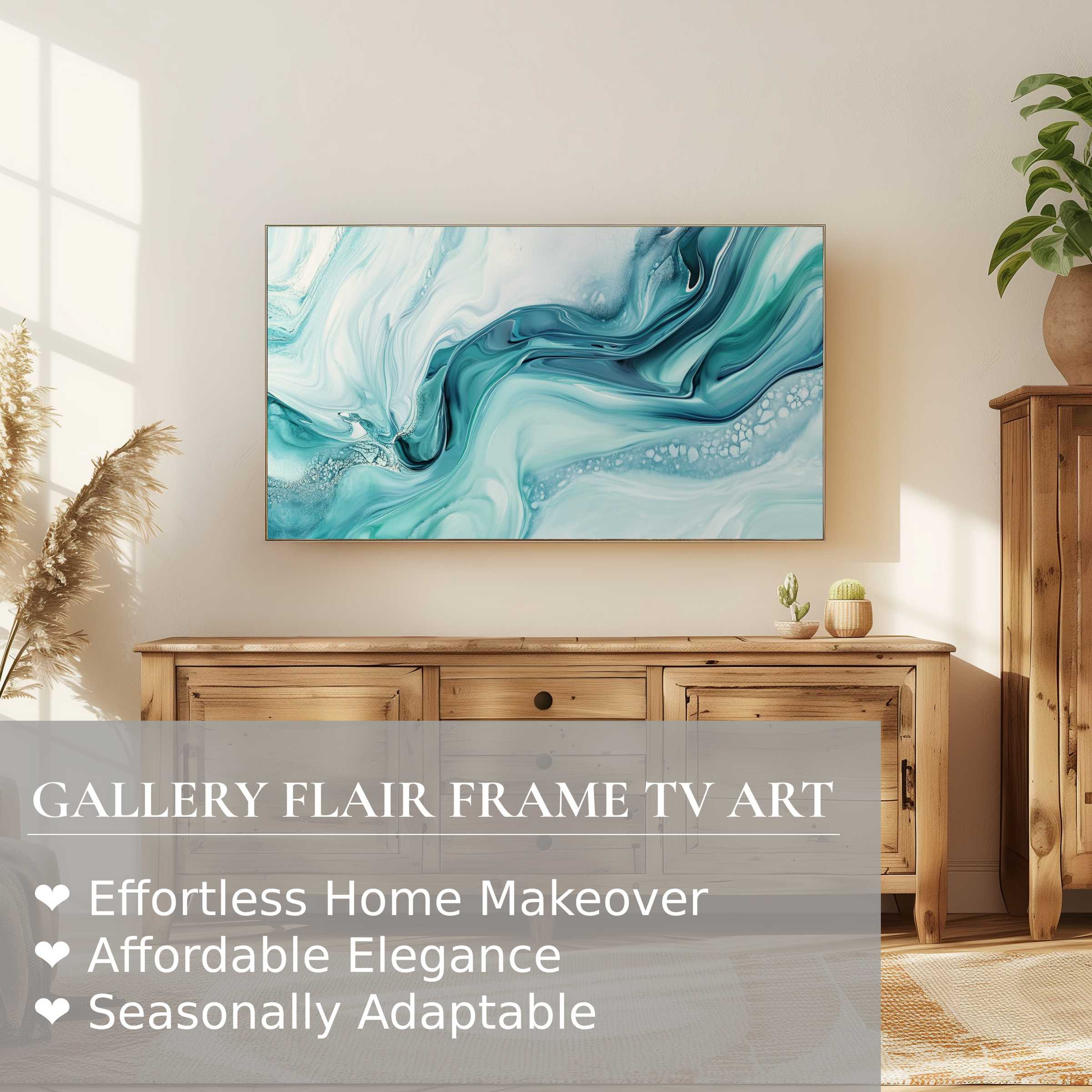 Contemporary living room with warm wood tones and a Samsung Frame TV displaying elegant modern digital artwork