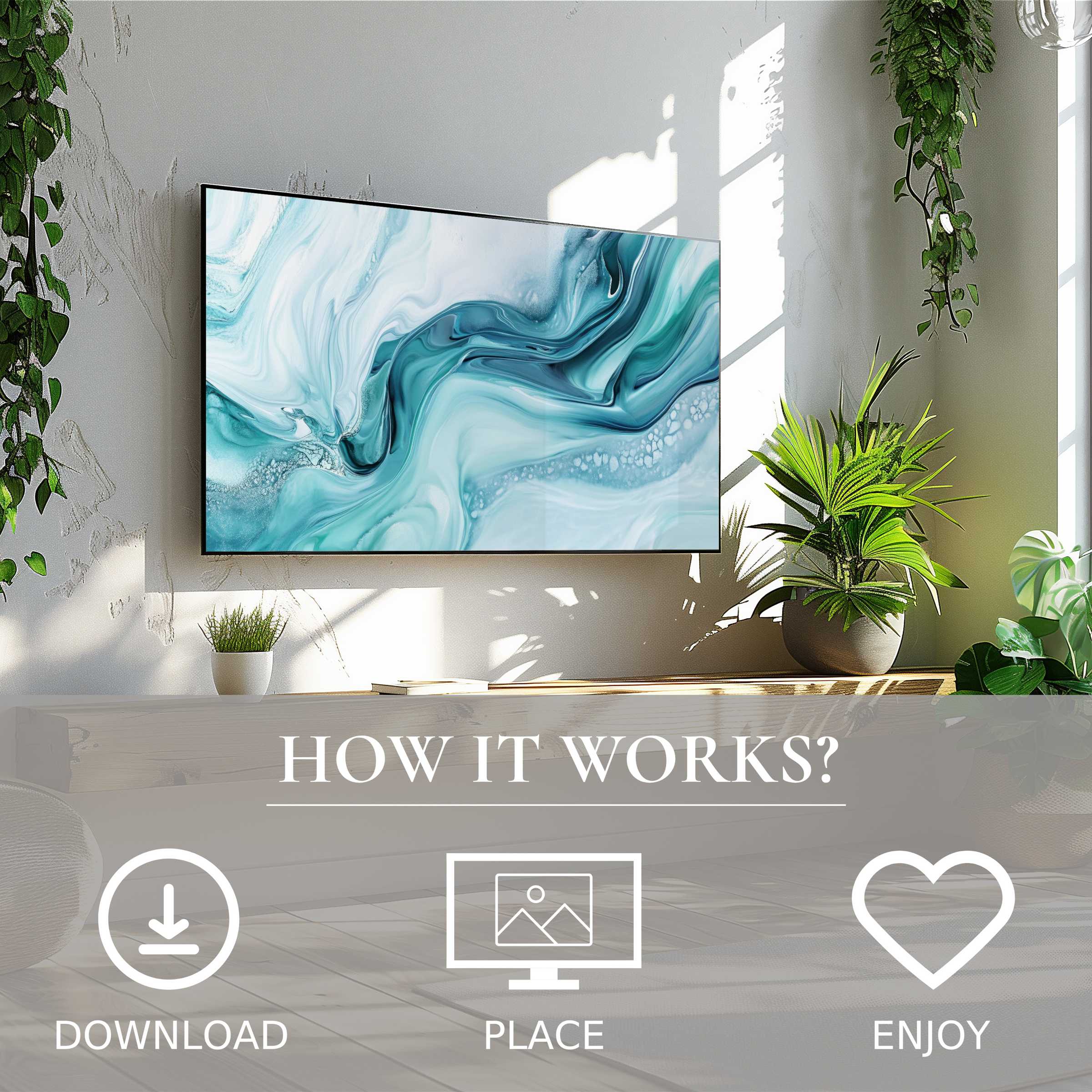 Modern art for Samsung TV: digital download with flowing teal hues enriches bright, plant-filled living spaces effortlessly
