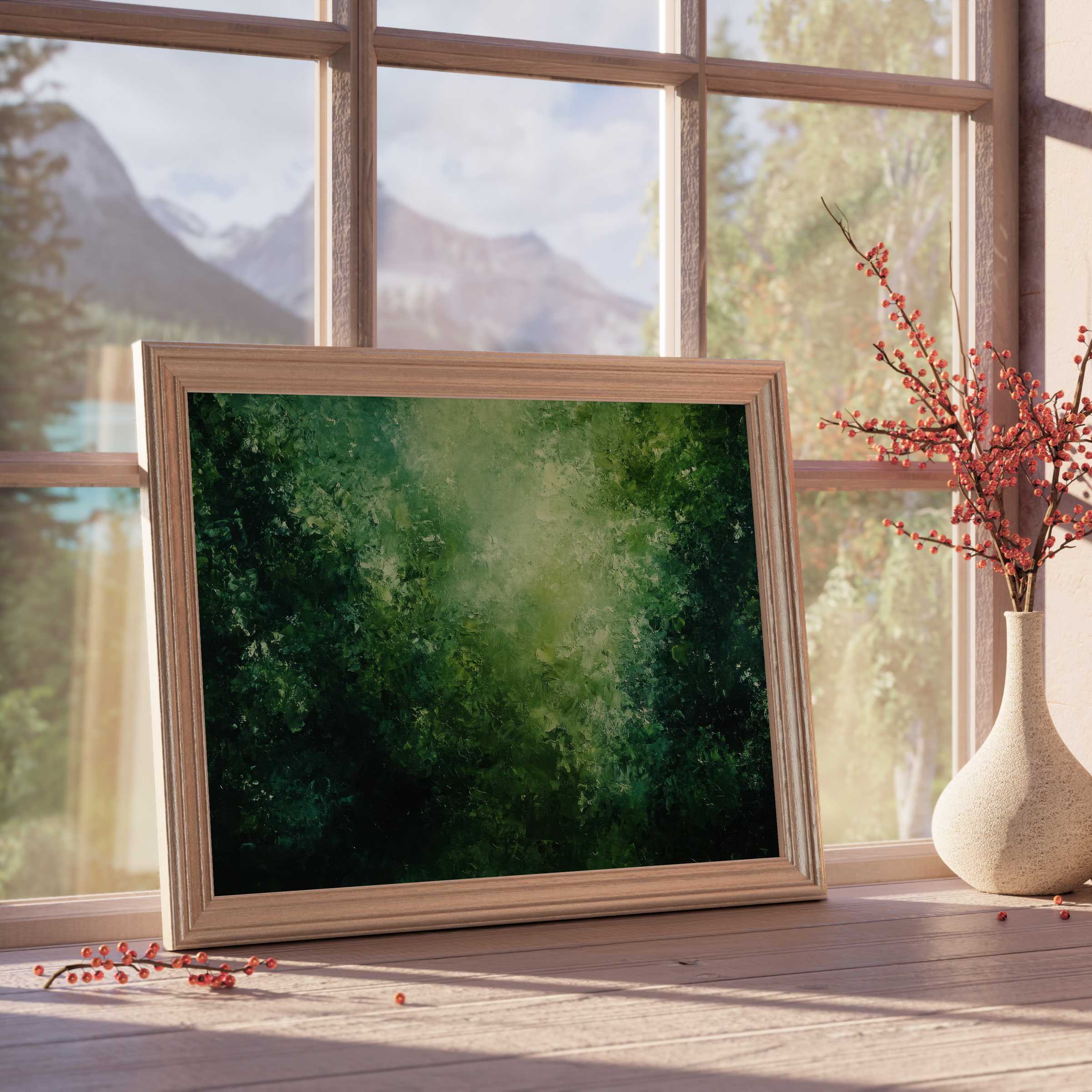 Lush abstract downloadable art in rich emerald tones, elevating tranquil interiors with curated depth and refined elegance